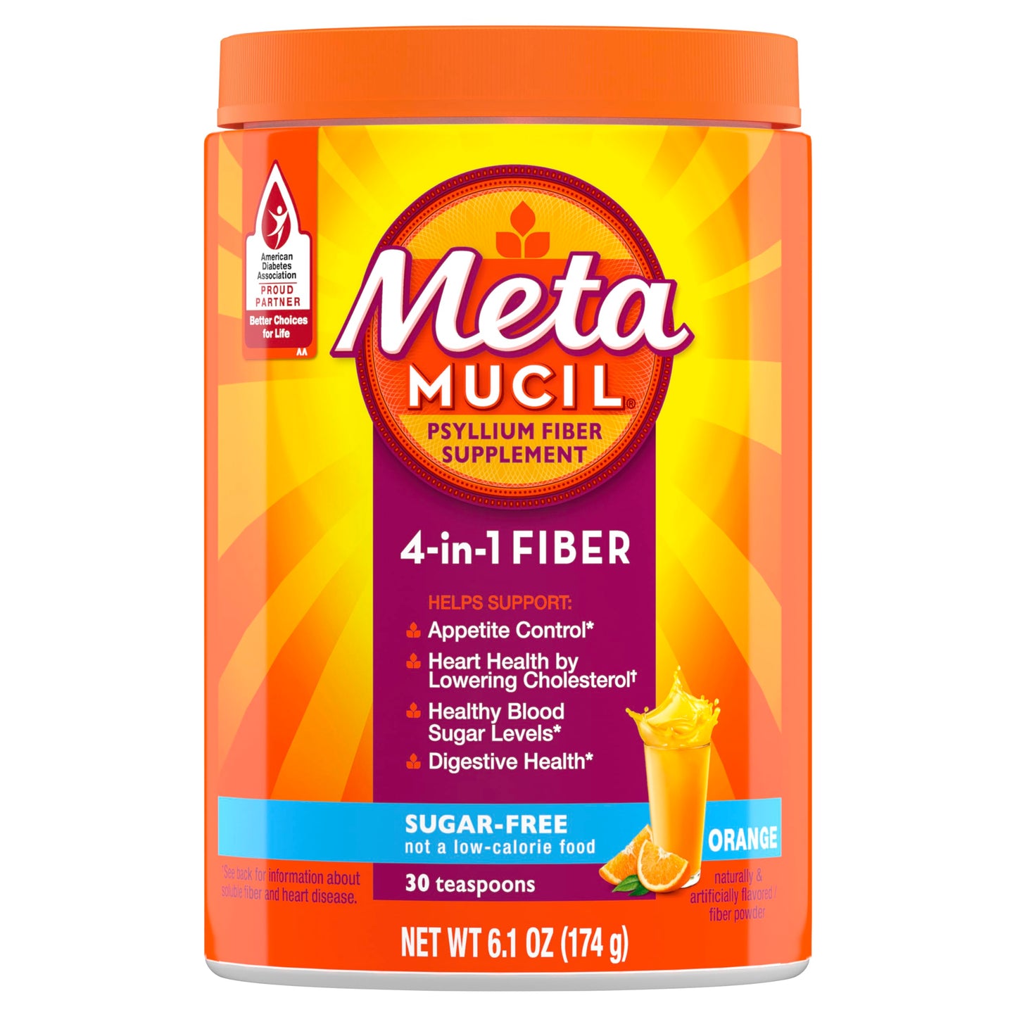 Metamucil 4 in 1 Daily Fiber Supplement Powder, Fiber Powder for Digestive Health and Regularity*, Sugar-Free, Orange, Naturally Sourced Psyllium Fiber, 30 teaspoons