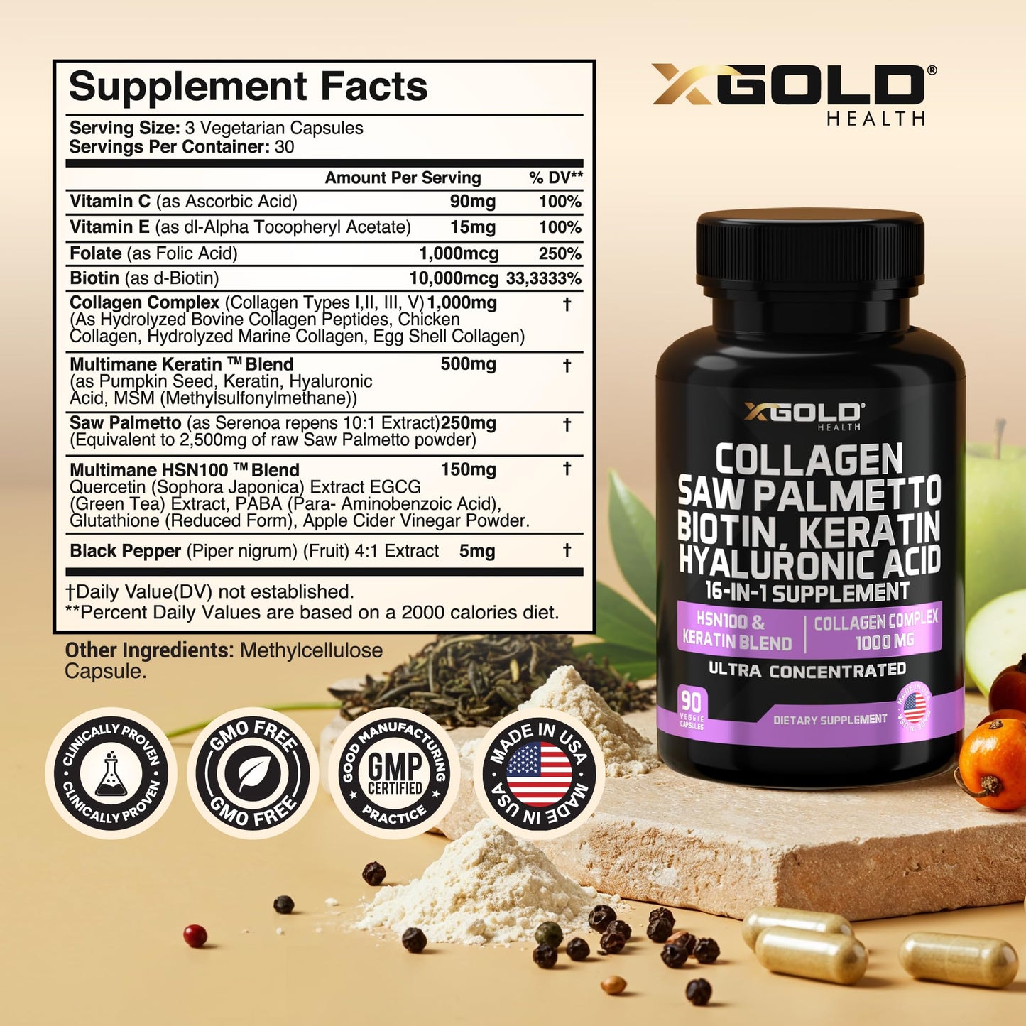HSN100 - Collagen, Saw Palmetto, Biotin, Keratin & Hyaluronic Acid - 16-in-1 Beauty Supplement with Vitamin C & E, Collagen Complex & Keratin Blend - Hair, Skin & Nail Growth - 90 Capsules