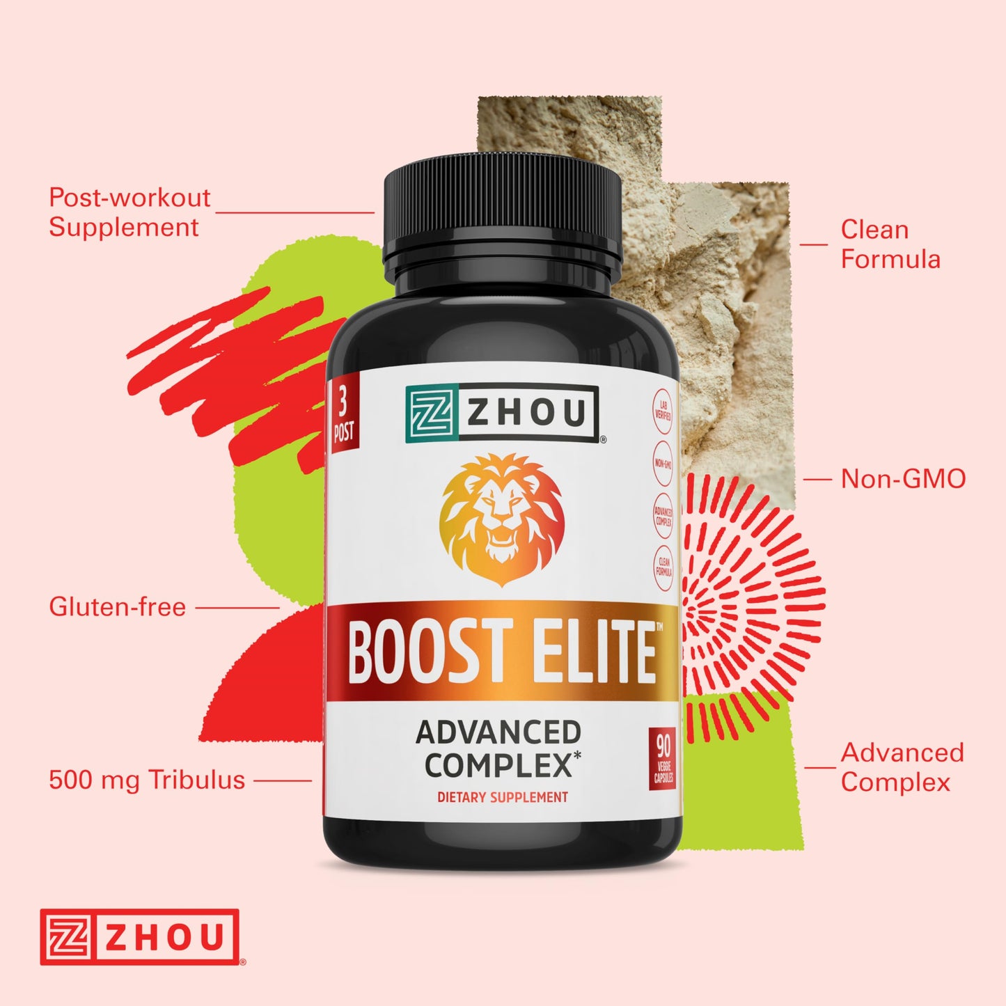 Zhou Boost Elite - Energy Supplement, Natural Muscle Support Pills for Men with Tribulus, Fenugreek, Ginseng, and Maca - 90 Veggie Capsules