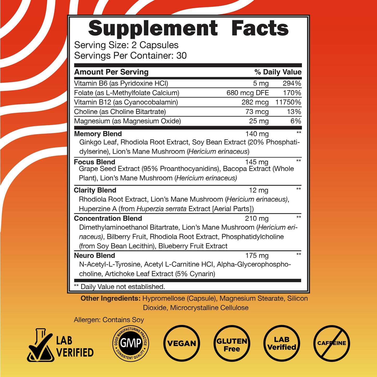 Vital Vitamins Nootropic Brain Supplement Plus - for Memory, Focus, Concentration, Neuro Energy, Clarity - with Lion's Mane Mushrooms - 60 Capsules