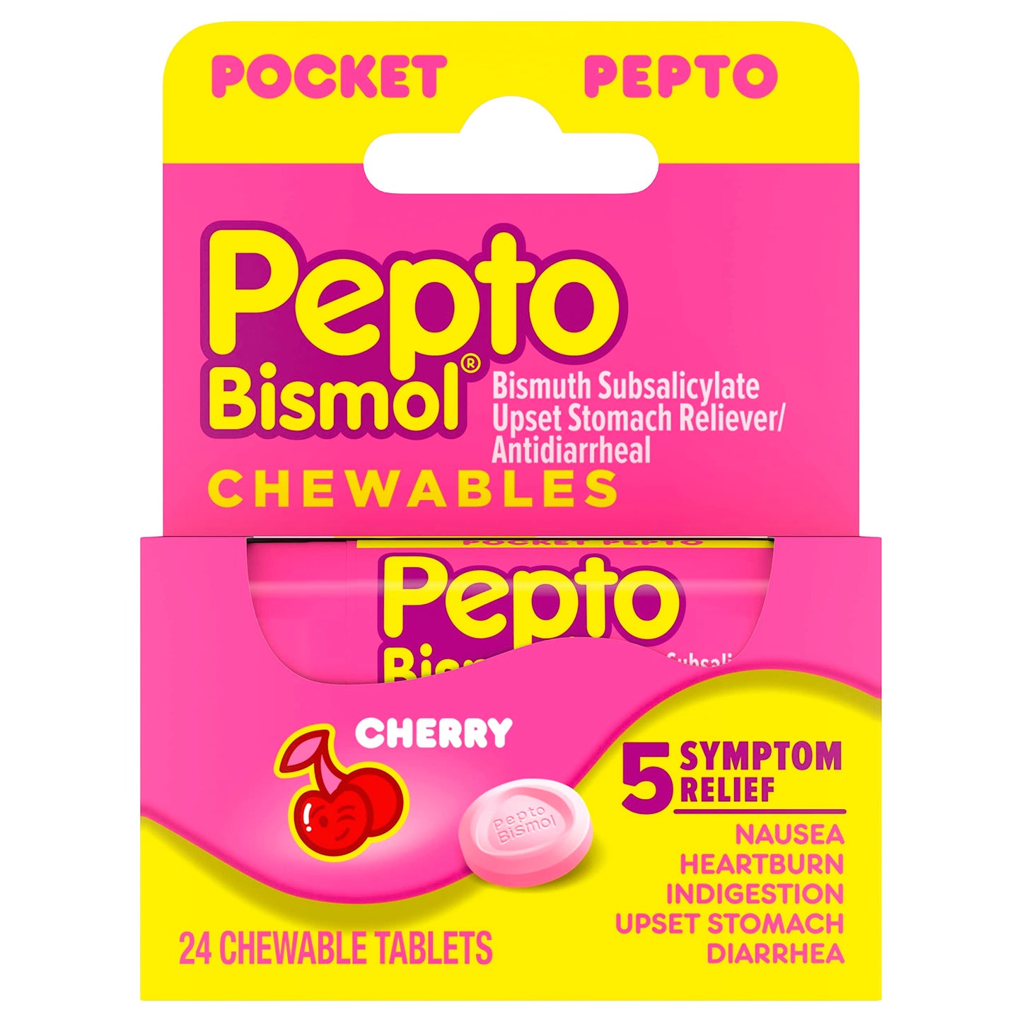 Pepto Bismol Pocket Chewable Tablets for Nausea, Heartburn, Indigestion, Upset Stomach, and Diarrhea - 5 Symptom Fast Relief, Cherry Flavor 24 ct