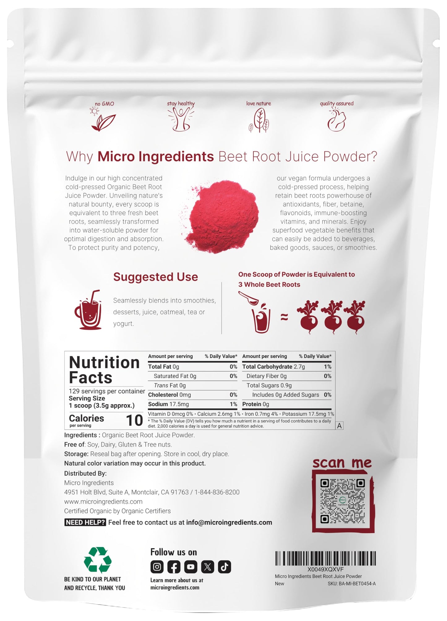 Micro Ingredients Organic Beet Root Powder, 1 Pound, Cold Pressed and Water Soluble, Beet Juice Pre-Workout Concentrated Powder, Energy & Immune System Support, Non-GMO