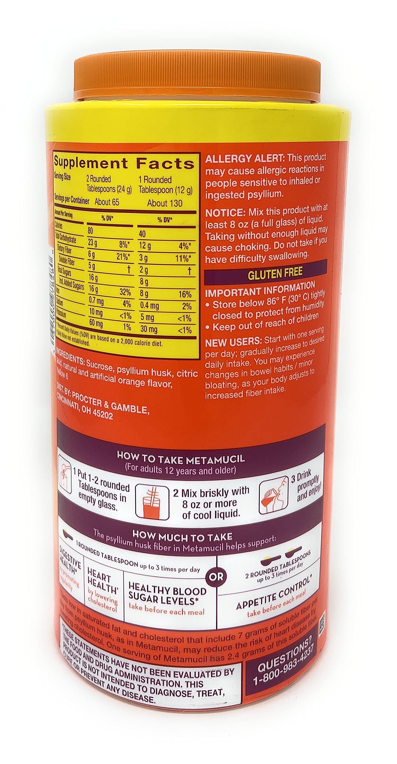 Metamucil Fiber 4-in-1 Psyllium Fiber Supplement Powder with Real Sugar, Orange (55 oz)