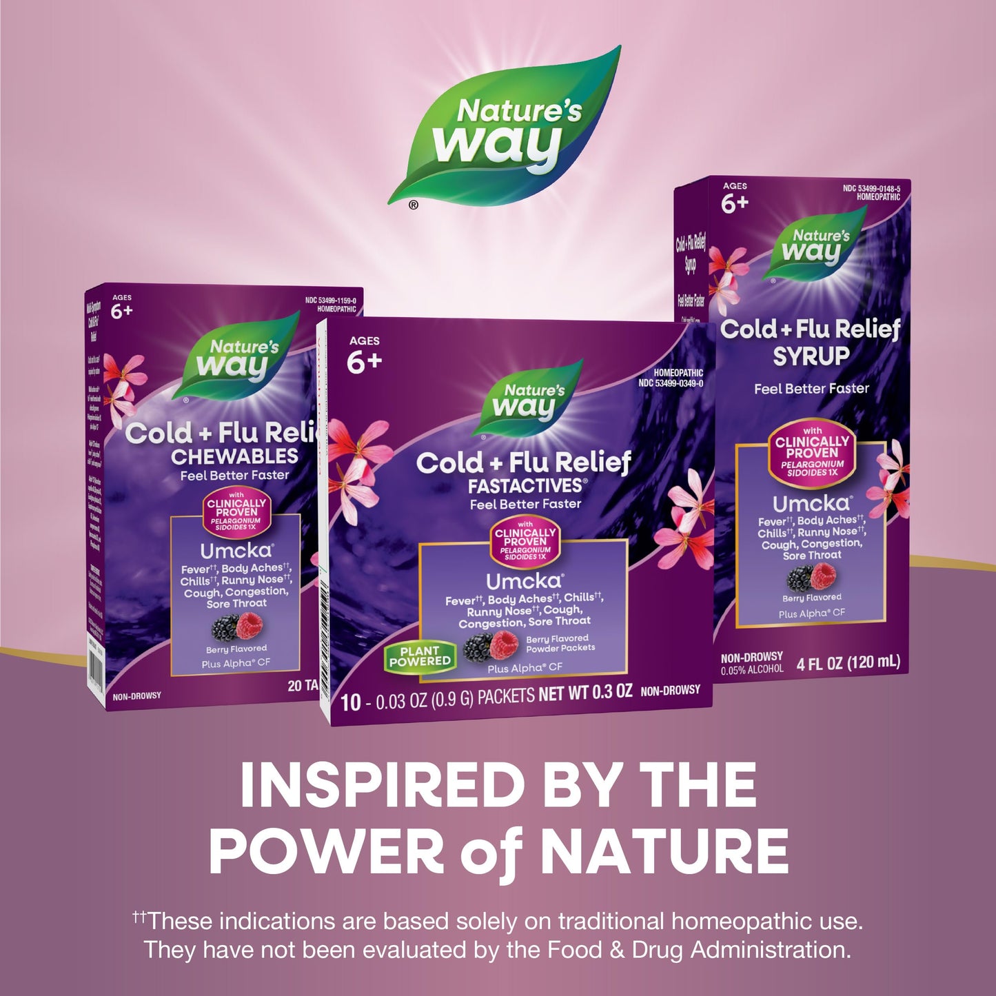 Nature's Way Cold + Flu Relief FastActives, Umcka, Homeopathic, Fever*, Sore Throat, Cough, Congestion, Body Aches*, Phenylephrine Free, Non-Drowsy, Berry Flavored, 10 Packets (Packaging May Vary)