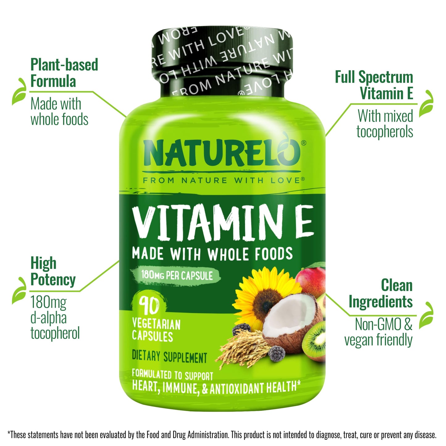 NATURELO Vitamin E - 180 mg (300 IU) of Natural Mixed Tocopherols from Organic Whole Foods - Supplement for Healthy Skin, Hair, Nails, Immune & Eye Health - Non-GMO, Soy Free - 90 Vegan Capsules