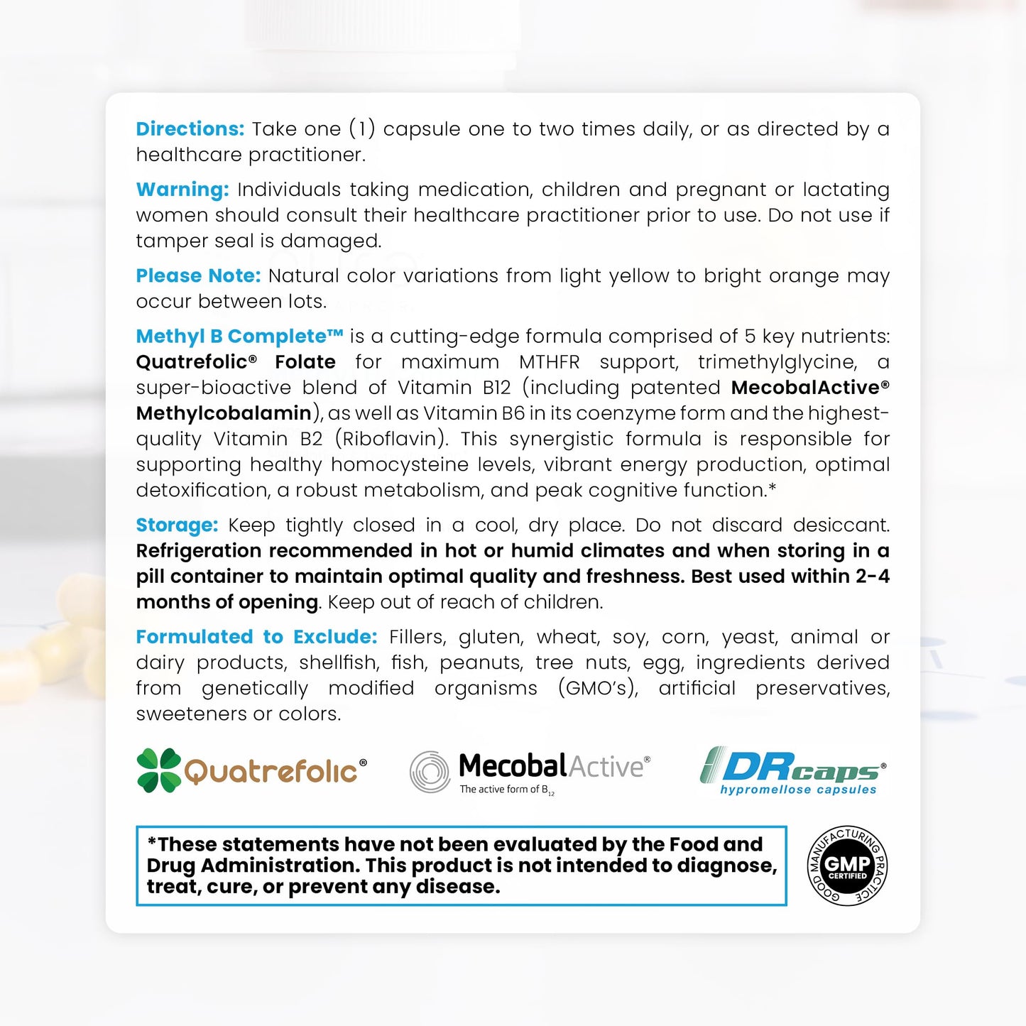 Methyl B Complete - 60 Vegetable Capsules | Optimal Methylation Support Supplement with Quatrefolic 5-MTHF (Active folate), Methylcobalamin (Active B12), B2, B6, and TMG | Pharmaceutical Grade