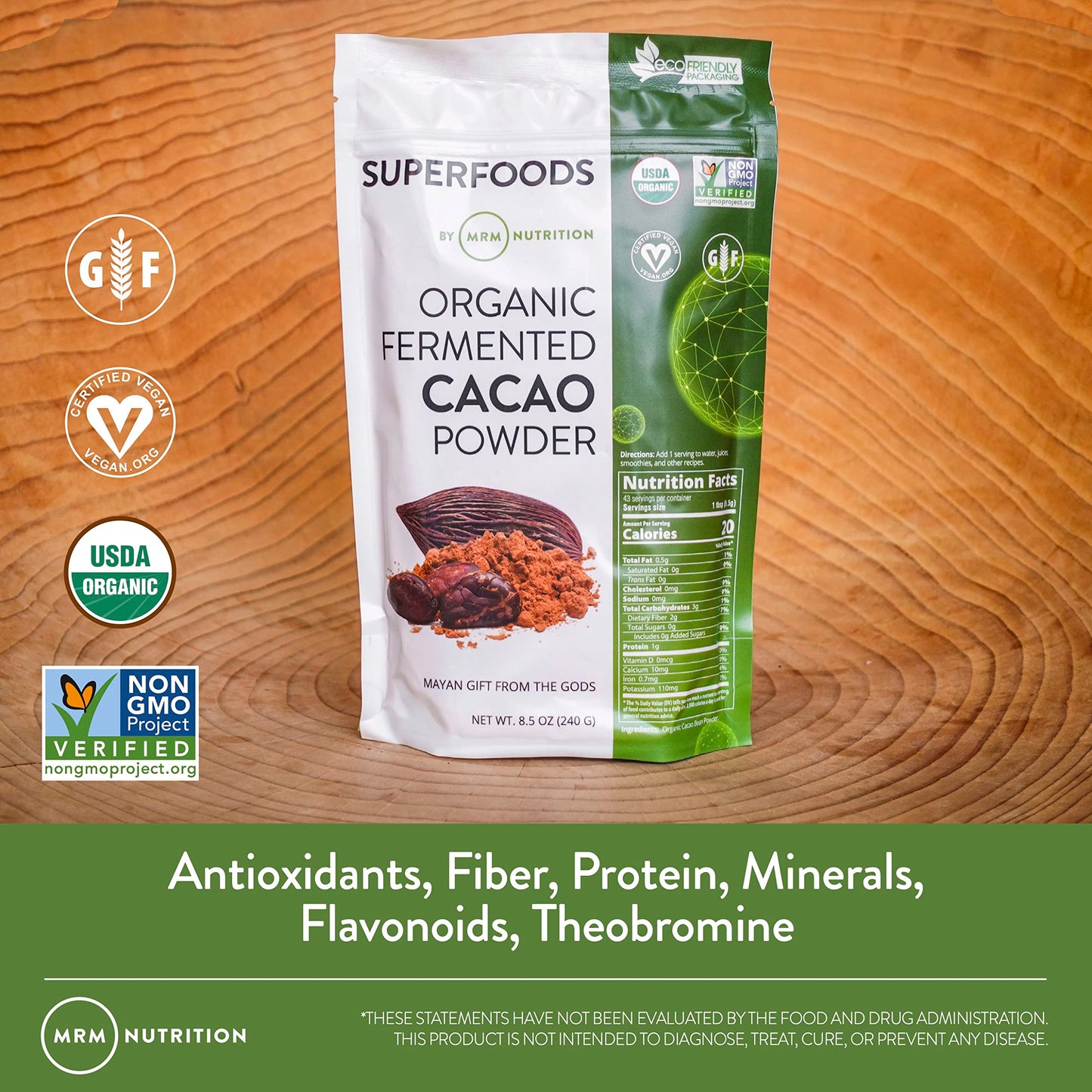 MRM Nutrition Organic Fermented Cacao Powder | Superfood | Antioxidant-rich | Gluten free + vegan | 43 servings