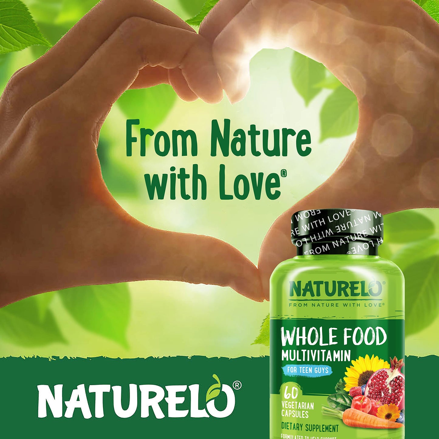 NATURELO Teen Multivitamin - Whole Food Multivitamin for Teenage Boys - Minerals Supplement for Active Kids - with Plant Extracts - Non-GMO - Vegan & Vegetarian - 60 Capsules