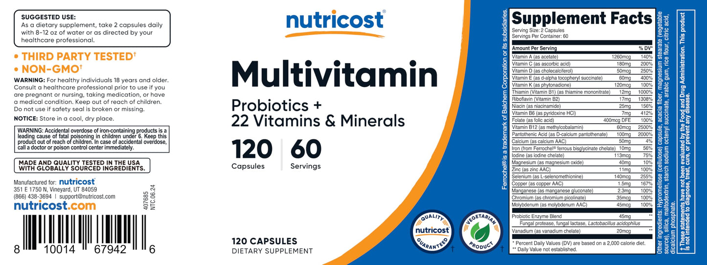 Nutricost Multivitamin with Probiotics 120 Vegetarian Capsules - Packed with Vitamins & Minerals
