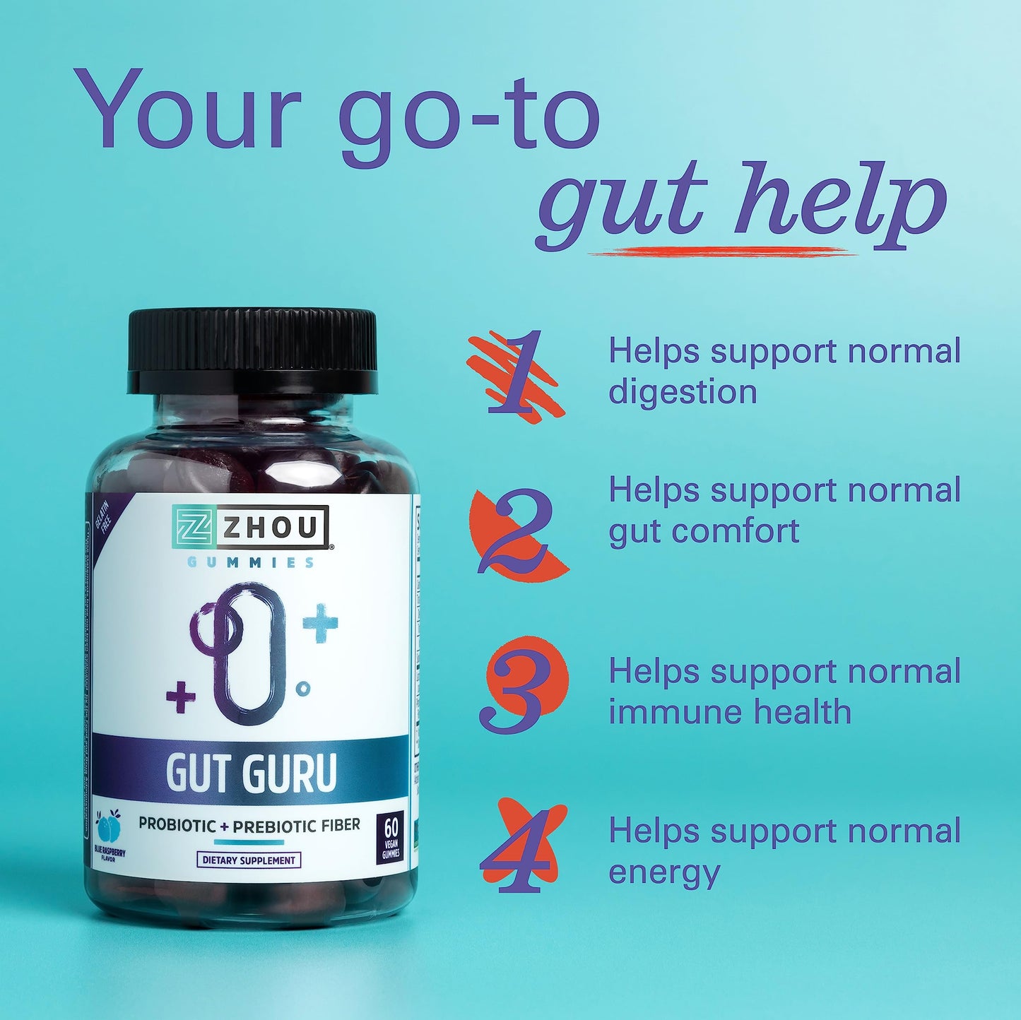 ZHOU Nutrition Gut Guru Prebiotics and Probiotics for Women and Men, 2 in 1 Probiotic and Prebiotic Gummies for Digestive Gut Health and Immune Support, Vegan, Gluten Free, Non-GMO, 60 Count