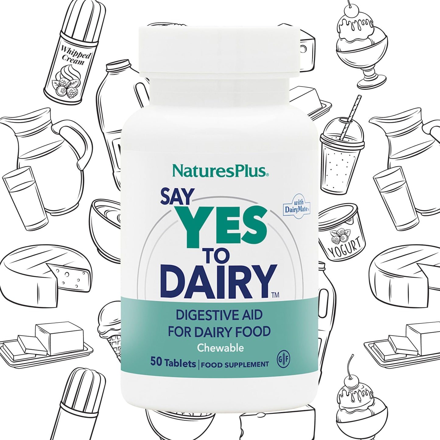 Natures Plus Say Yes to Dairy - 50 Chewable Tablets - Natural Lactase Enzyme Supplement, Maximum Strength Digestive Aid, Lactose Intolerance Relief - Gluten-Free - 50 Servings