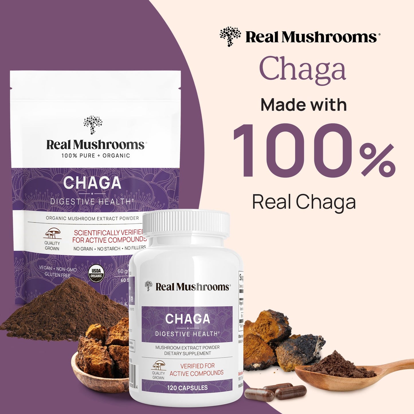 Real Mushrooms Chaga Mushroom Powder – Organic Chaga Extract from Fruiting Body – for Daily Wellness & Energy Support – Vegan, Non-GMO, 60 Servings Mushroom Supplement