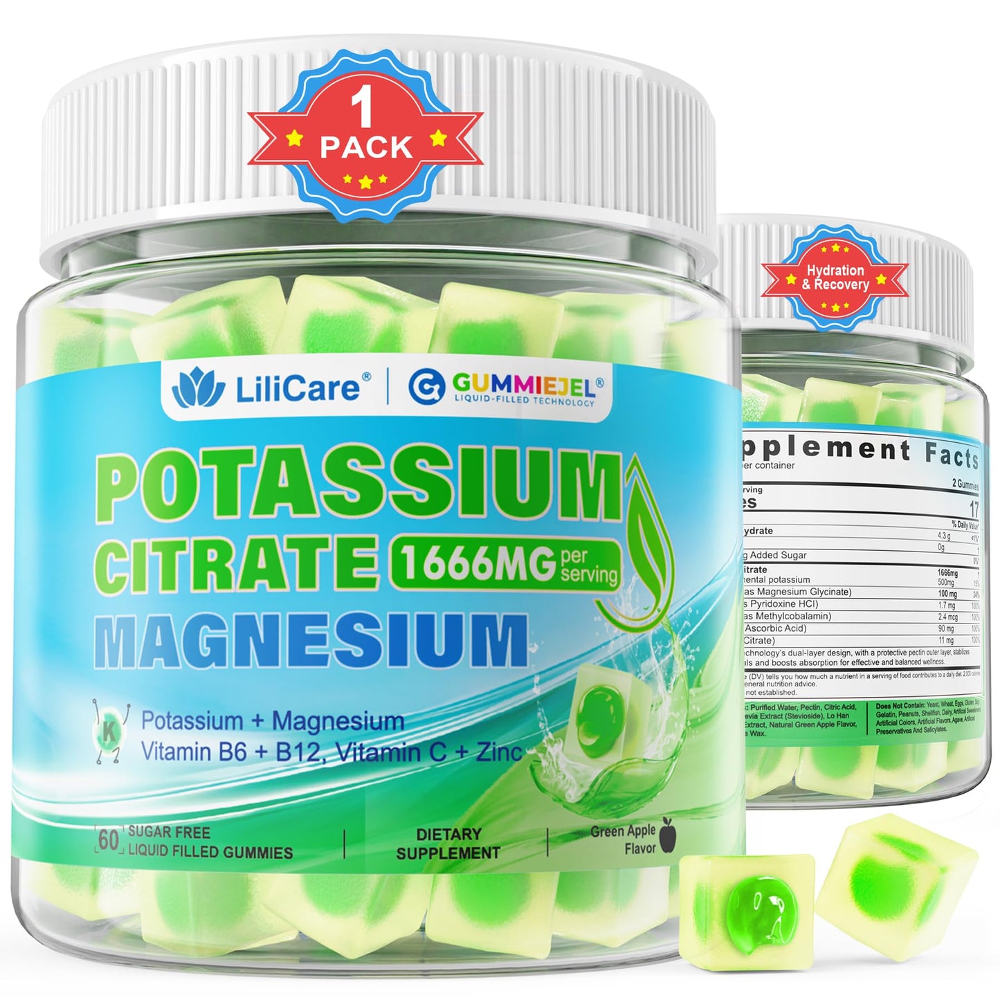 Potassium Citrate Gummies 1666mg for Adults - Potassium Supplement, Magnesium Glycinate, Zinc, B6, B12 & C â Electrolyte Gummies for Energy, Recovery & Leg Cramps, Vegan 60 Cts