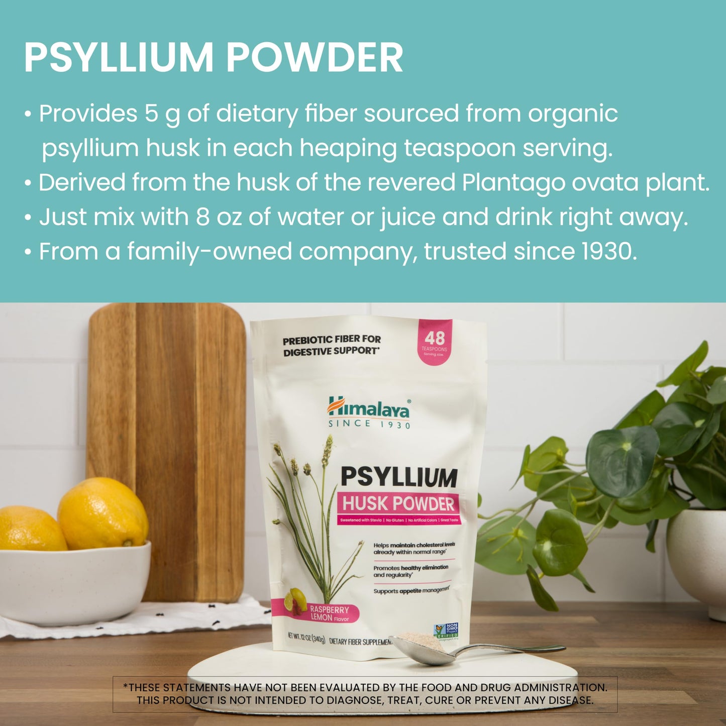 Himalaya Raspberry Lemon Psyllium Husk Powder, Daily Fiber Supplement for Digestive Health & Regularity, Sugar-Free, Gluten-Free, Vegan, No Artificial Colors, Easy-to-Mix, 12 oz (340 g)