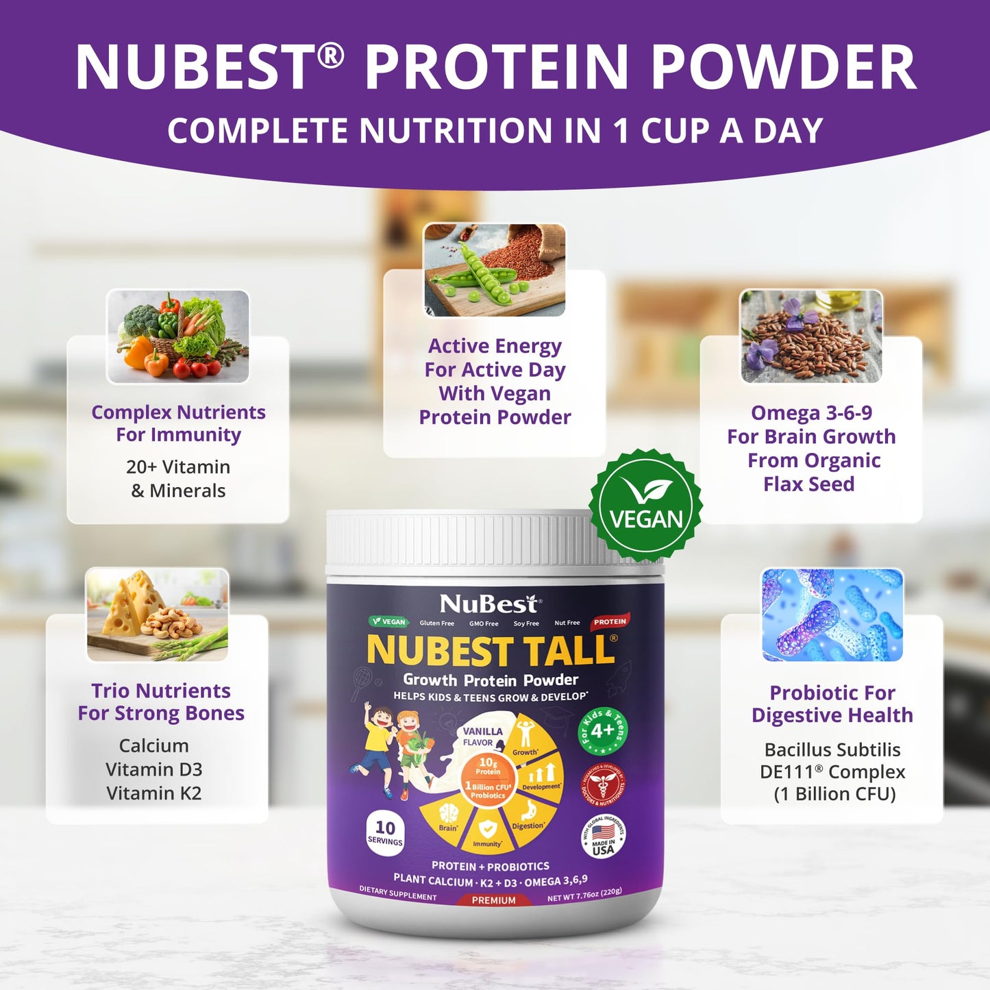 NuBest Protein Powder - Vanilla Plant Based Protein - Vegan Protein Powder for Kids & Teens - Healthy & Immunity with Probiotics, Omega 3-6-9, Vitamin D3 + K2, Calcium & Vitamins - 10 Servings