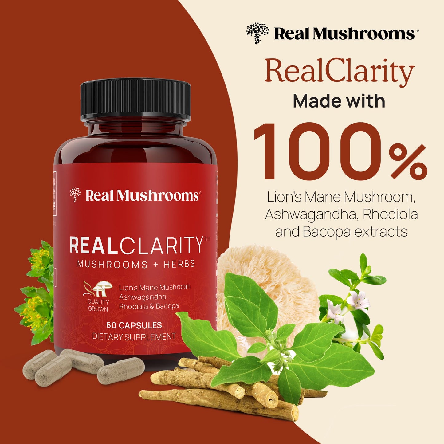 Real Mushrooms RealClarity Capsules – Lion’s Mane, KSM-66 Ashwagandha, Cordyceps & Reishi – Mental Sharpness, Alertness. & Adaptogenic Support – Vegan, Non-GMO – 60 Count Mushroom Supplement