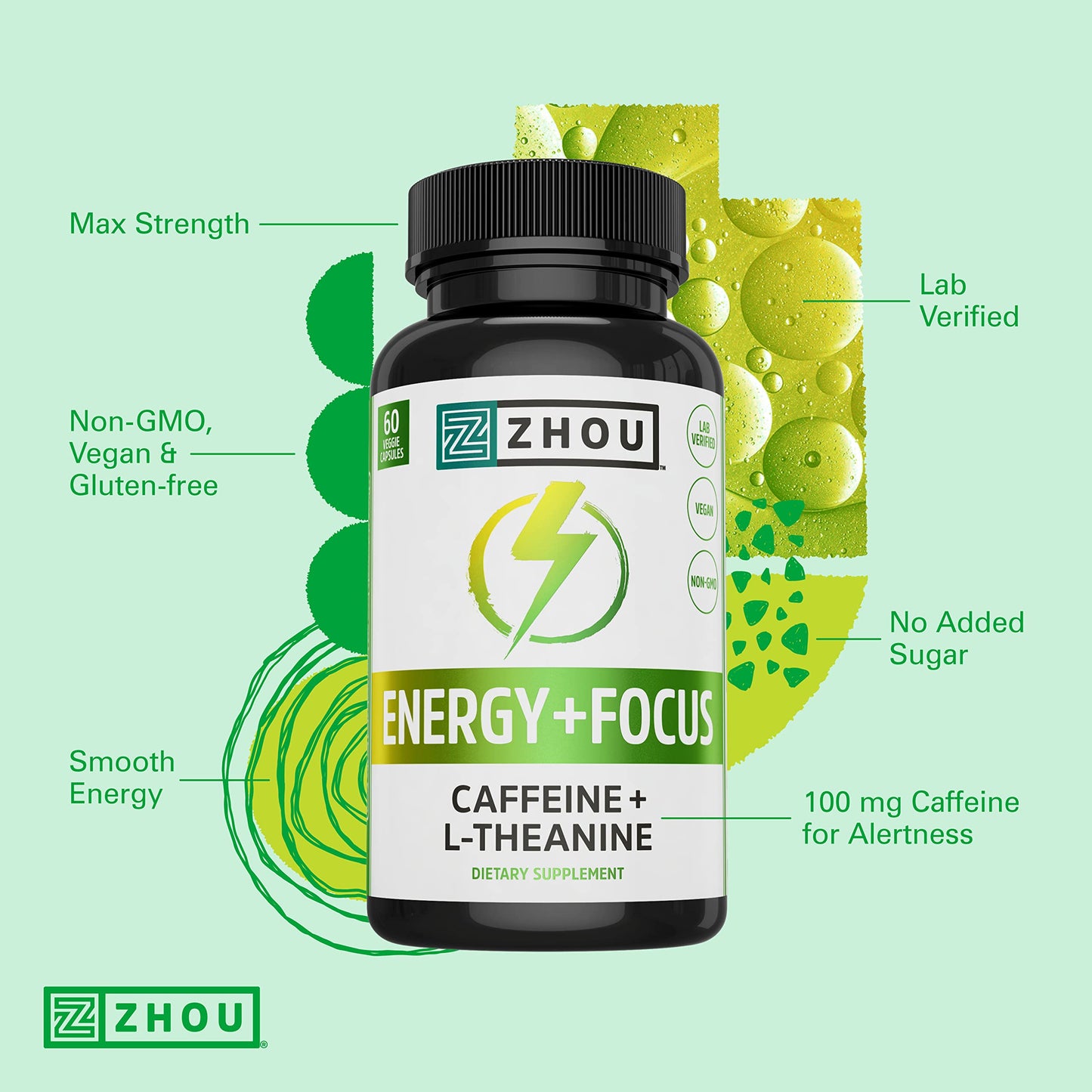 Zhou Energy + Focus - L Theanine Caffeine Pills, 200mg L-Theanine, 100mg Natural Anhydrous Caffeine Boost for Adults, Men & Women, Slow Extended Release - 60 Vegetarian Capsules (Pack of 1)