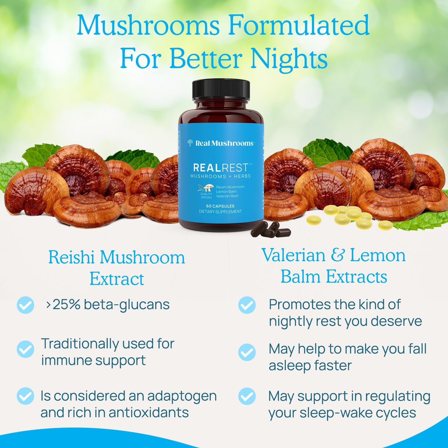 Real Mushrooms RealRest Capsules – Organic Reishi Mushroom and Lemon Balm Extract – Calmness, Mindfulness & Wellness Support – Vegan, Non-GMO, No Fillers – 60 Count Functional Mushroom Supplement