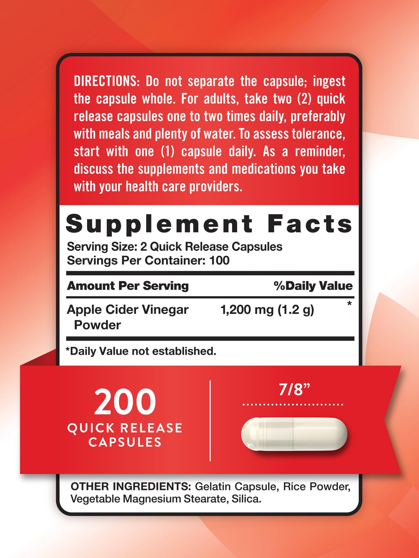 Nature's Truth Apple Cider Vinegar Capsules | 1200mg | 200 Pills | Extra Strength | Value Size | Non-GMO, Gluten Free Supplement