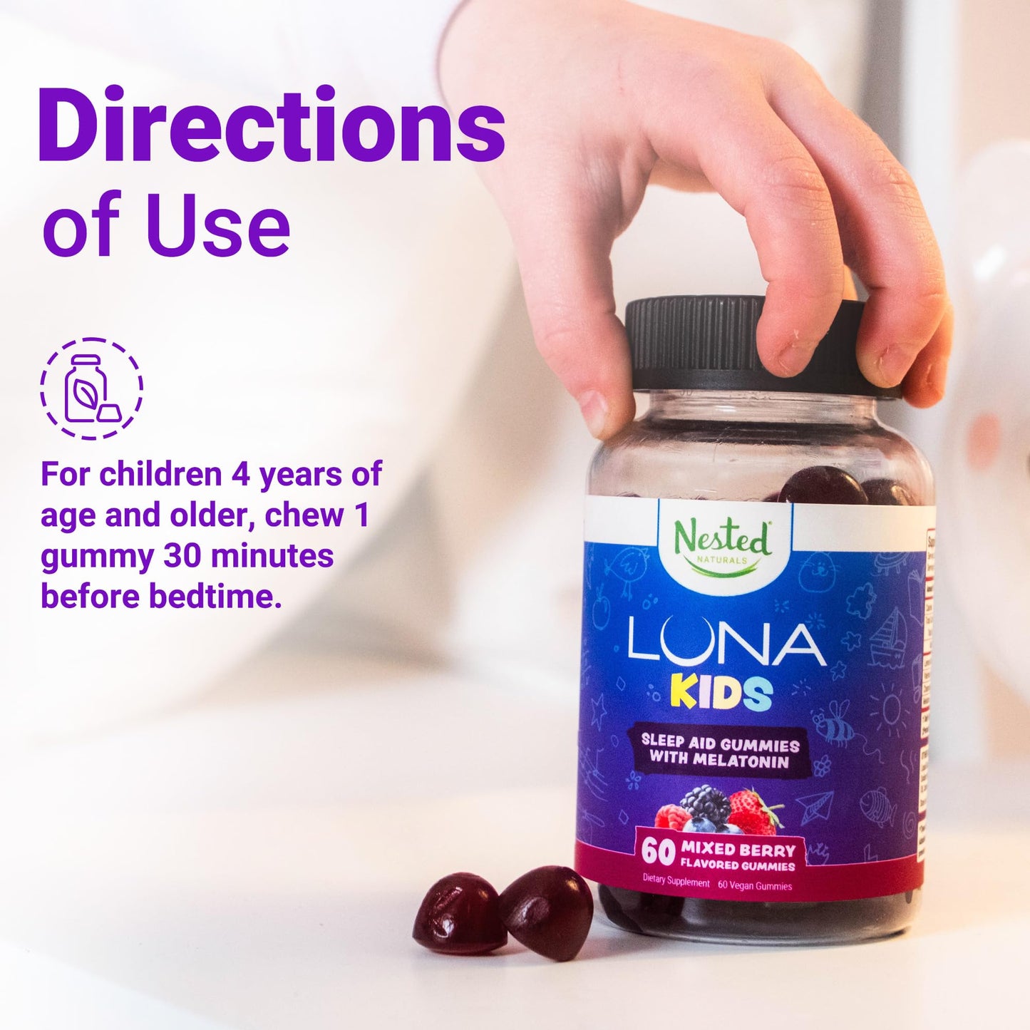 Nested Naturals Luna Kids Sleep Gummies - Non-Habit Forming Kids Melatonin Gummy with Valerian Root, Chamomile, and Lemon Balm - Children's Melatonin Sleep Aid - Mixed Berry, 60 Vegan Gummies