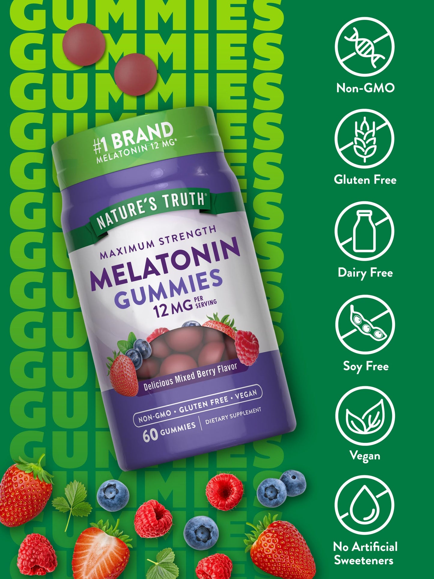 Nature's Truth Melatonin Gummies | 12mg | Mixed Berry Flavor | Vegan, Non-GMO & Gluten Free Supplement
