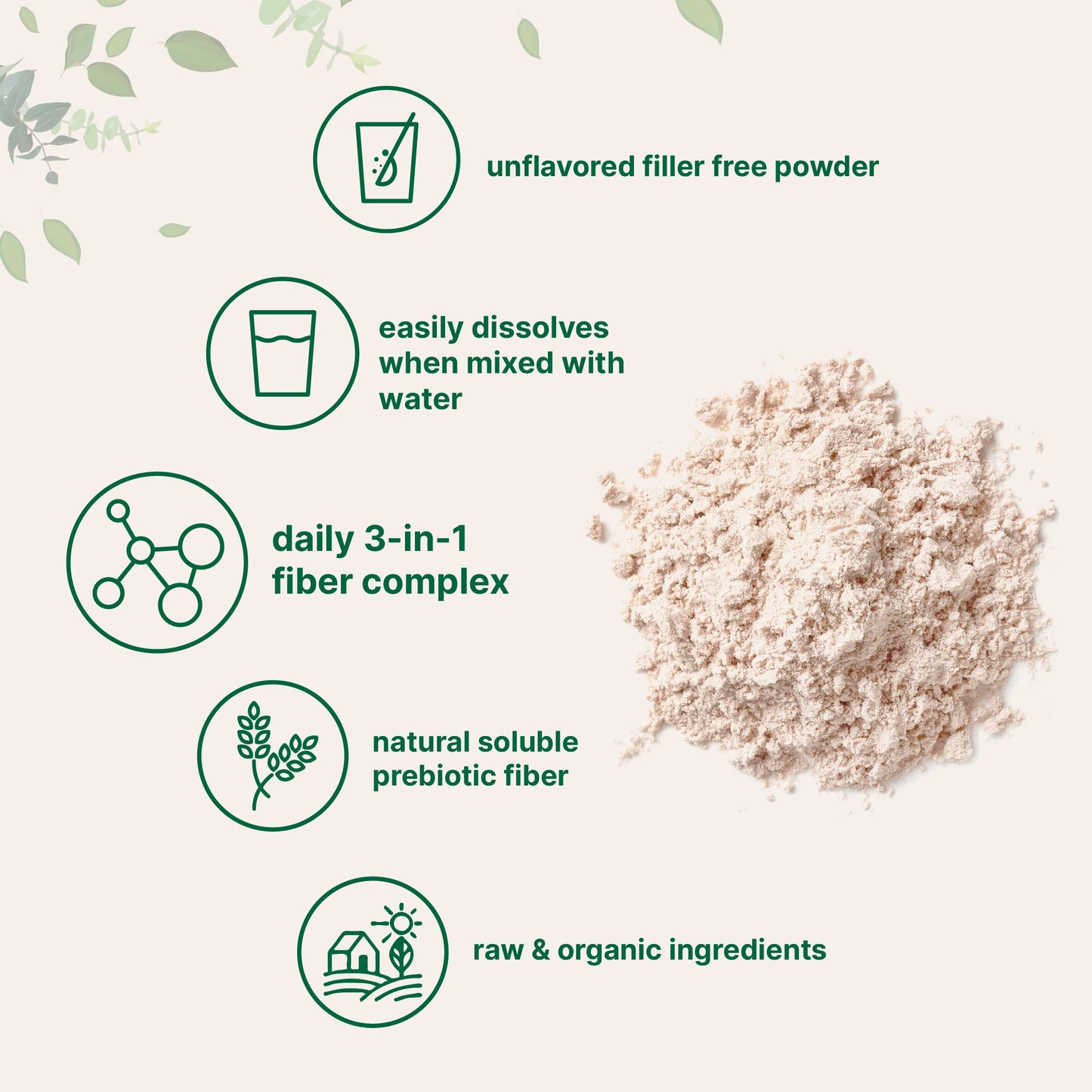 Organic Fiber Supplement (Inulin, Acacia, Psyllium Husk), 2 Pounds, 3-in-1 Formula, Daily Soluble Fiber, Unflavored, Prebiotics Supplement for Digestive Health, Hunger Control, Vegan