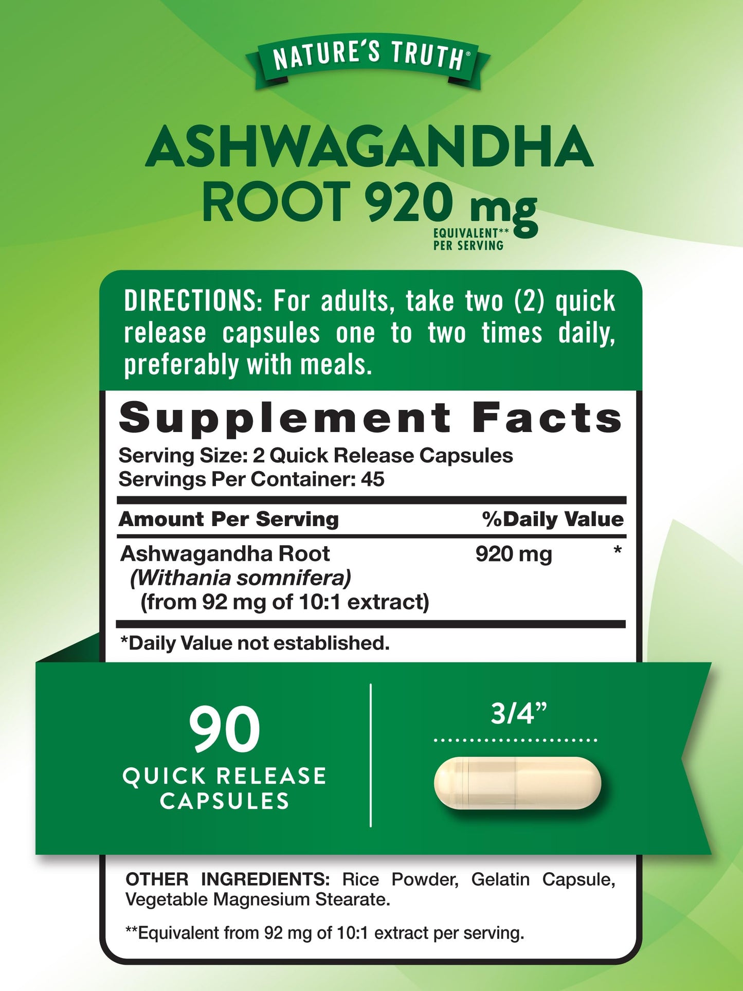 Nature's Truth Ashwagandha Supplement Capsules | 920 mg | 90 Count | Non-GMO & Gluten Free