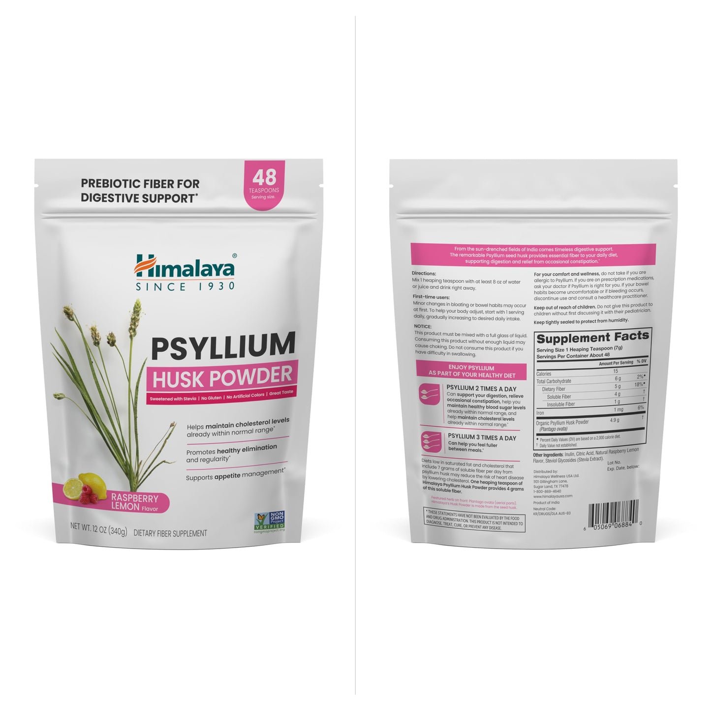 Himalaya Raspberry Lemon Psyllium Husk Powder, Daily Fiber Supplement for Digestive Health & Regularity, Sugar-Free, Gluten-Free, Vegan, No Artificial Colors, Easy-to-Mix, 12 oz (340 g)