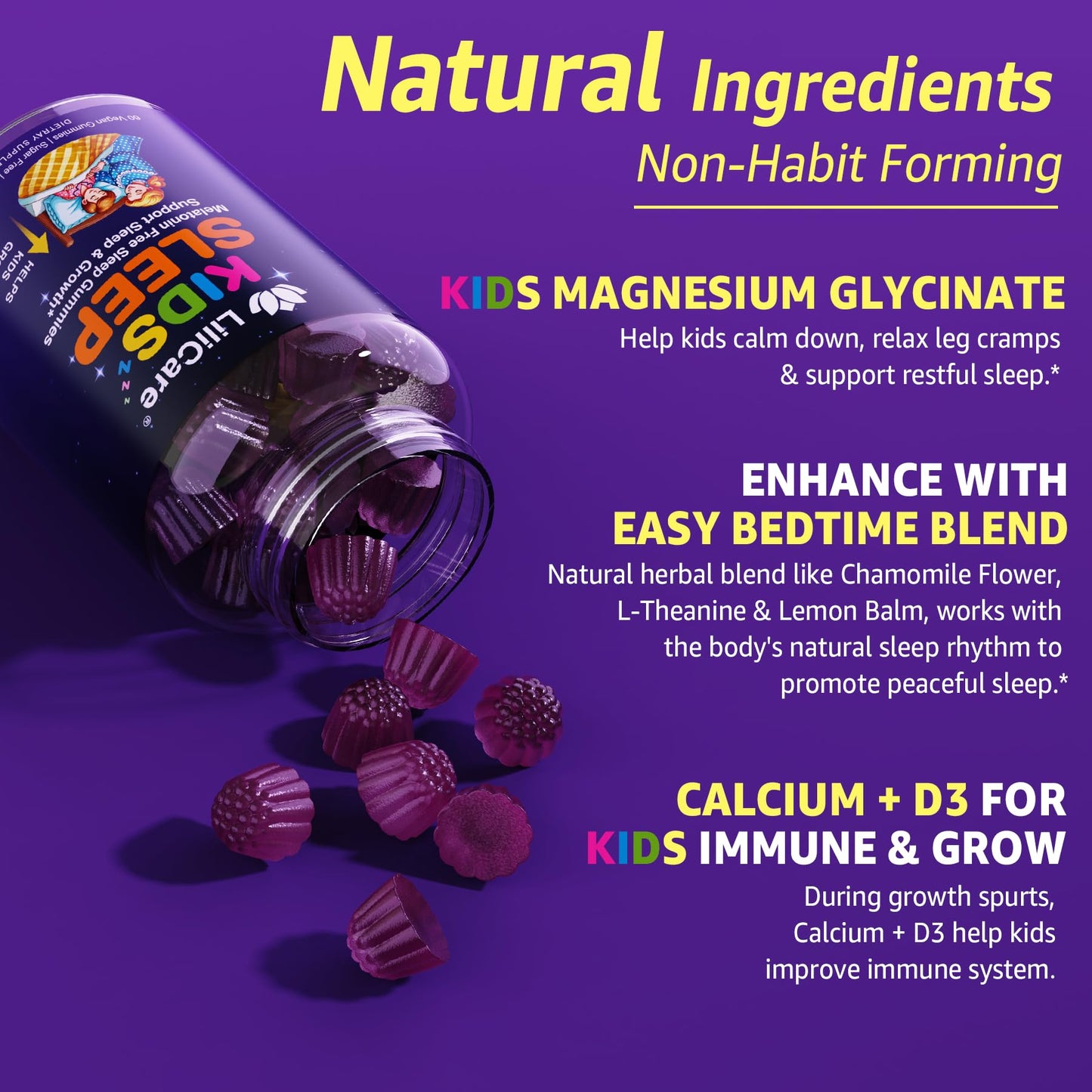 LILICARE Kids Sleep Gummies - Magnesium Glycinate Gummies, Melatonin Free Sleep Aid | Magnesium, Calcium, D3, B6, L Theanine | Kid Melatonin Alternative for Restful Sleep (Pack of 2)