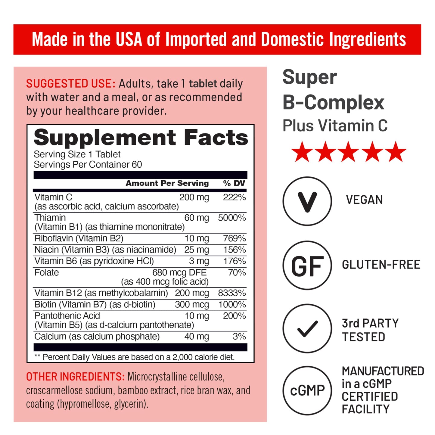 NatureWise Super Vitamin B Complex for Women and Men - with Vitamin C, Folic Acid Biotin B1 B2 B3 B6 B12 - Support Cellular Energy & Mental Clarity - Vegan, Gluten & Dairy Free, Non-GMO - 60 Tablets
