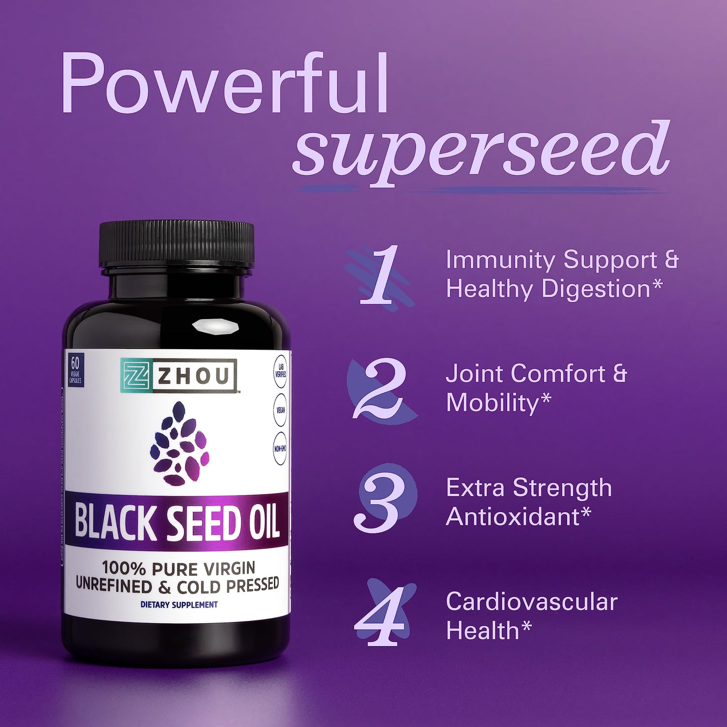 Zhou Black Seed Oil Capsules - Black Cumin Seed Oil Cold Pressed, Nigella Sativa, Pure Unrefined Blackseed, Premium Supplement for Health, Hair & Skin w/ Thymoquinone - 60 Capsules (Pack of 1)