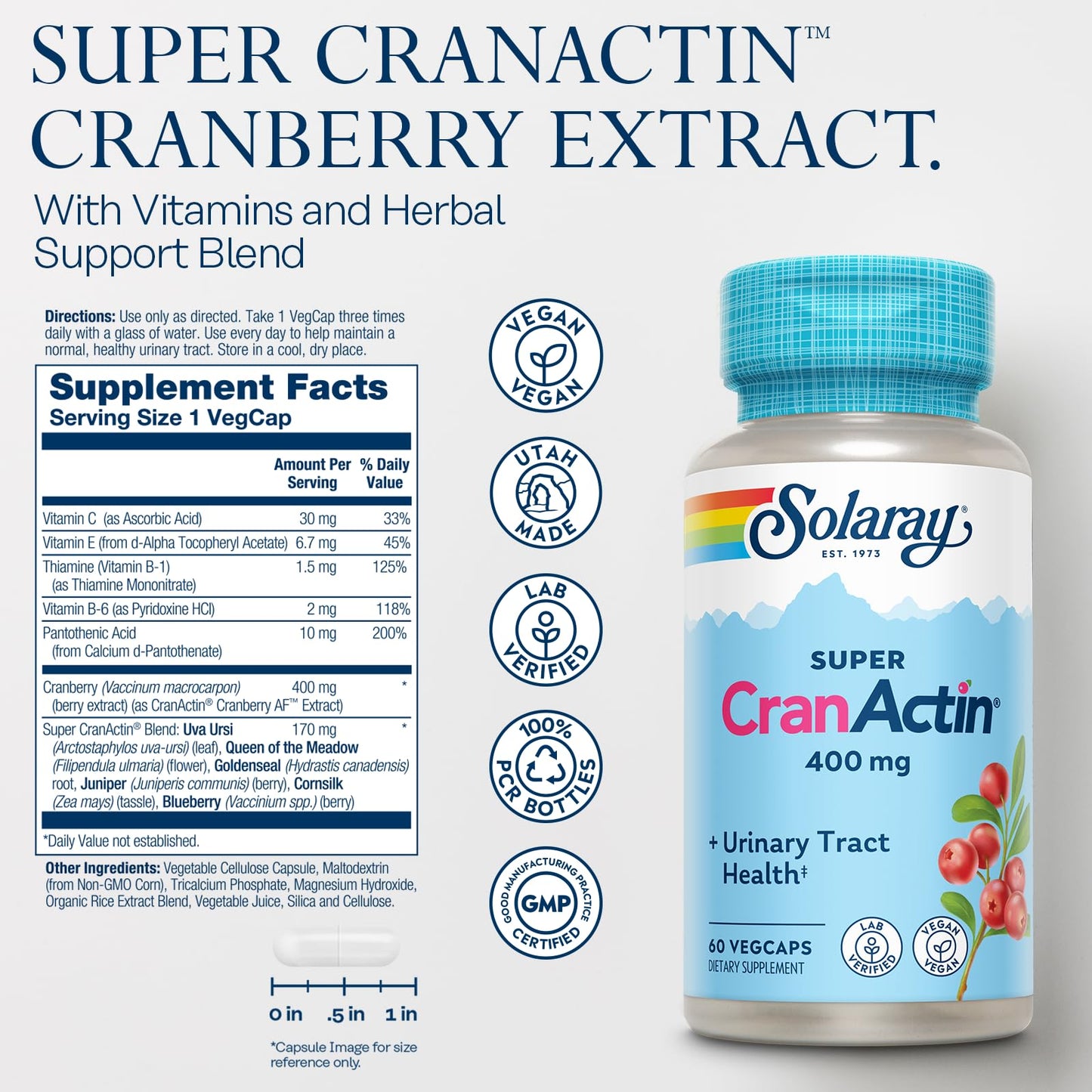 Pre-Order | Arrives in 5–10 Days – SOLARAY Super CranActin Cranberry Extract 400mg | Healthy Urinary Tract Support | with Added Vitamins | 60 VegCaps