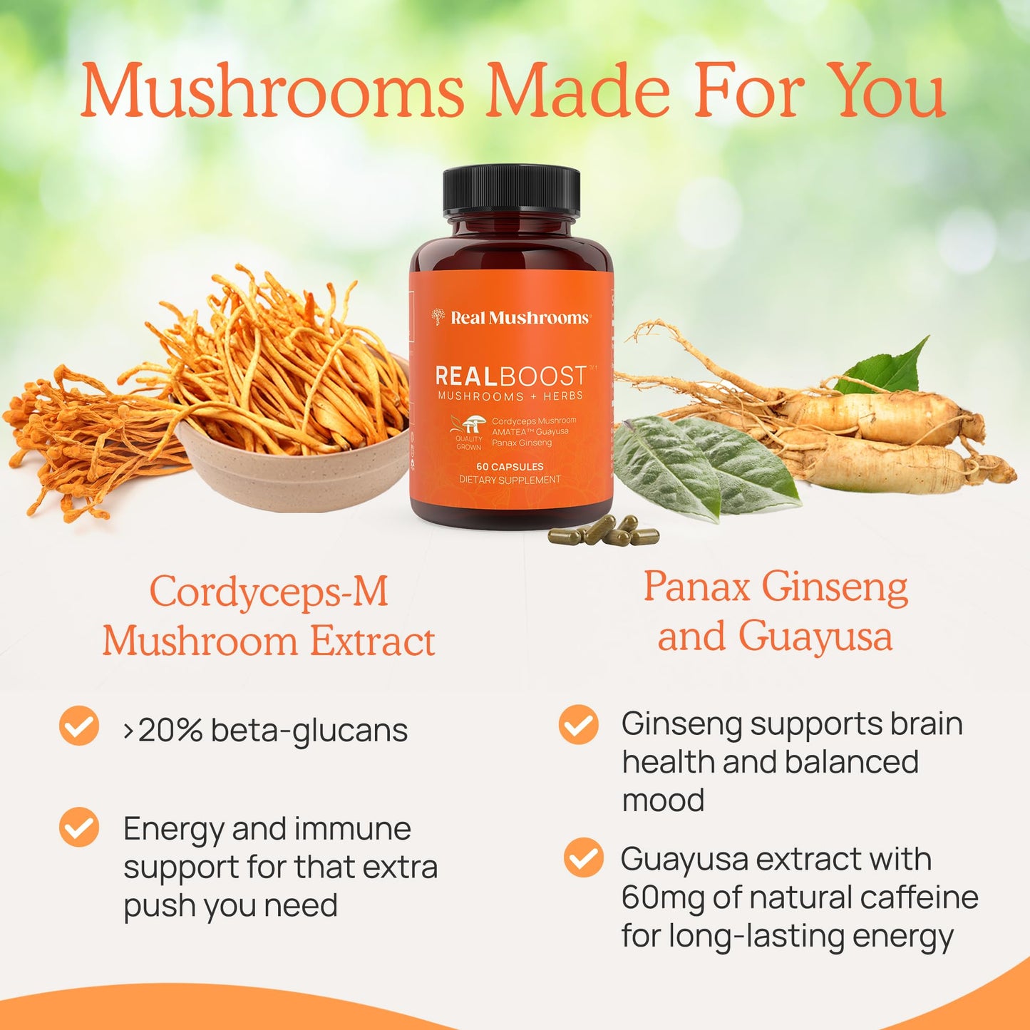Real Mushrooms RealBoost Capsules – Cordyceps Mushroom, Panax Ginseng & Guayusa Extract – for Overall Wellness & Energy Support – Vegan, Non-GMO, No Fillers – 60 Count Mushroom Supplement Blend