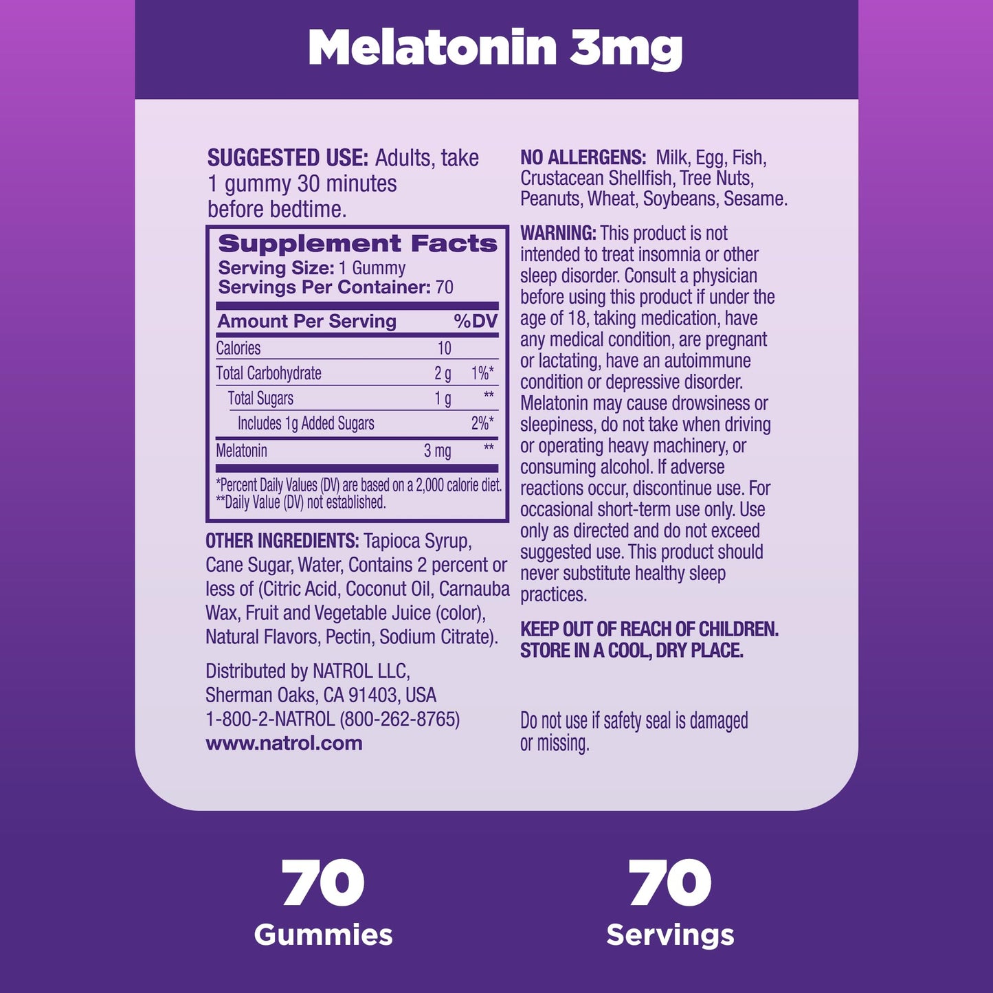 Natrol Melatonin Gummies, Sleep Support for Adults, 3 mg Melatonin Supplement for Sleeping, 70 Strawberry-Flavored Gummies, Up to a 70 Day Supply