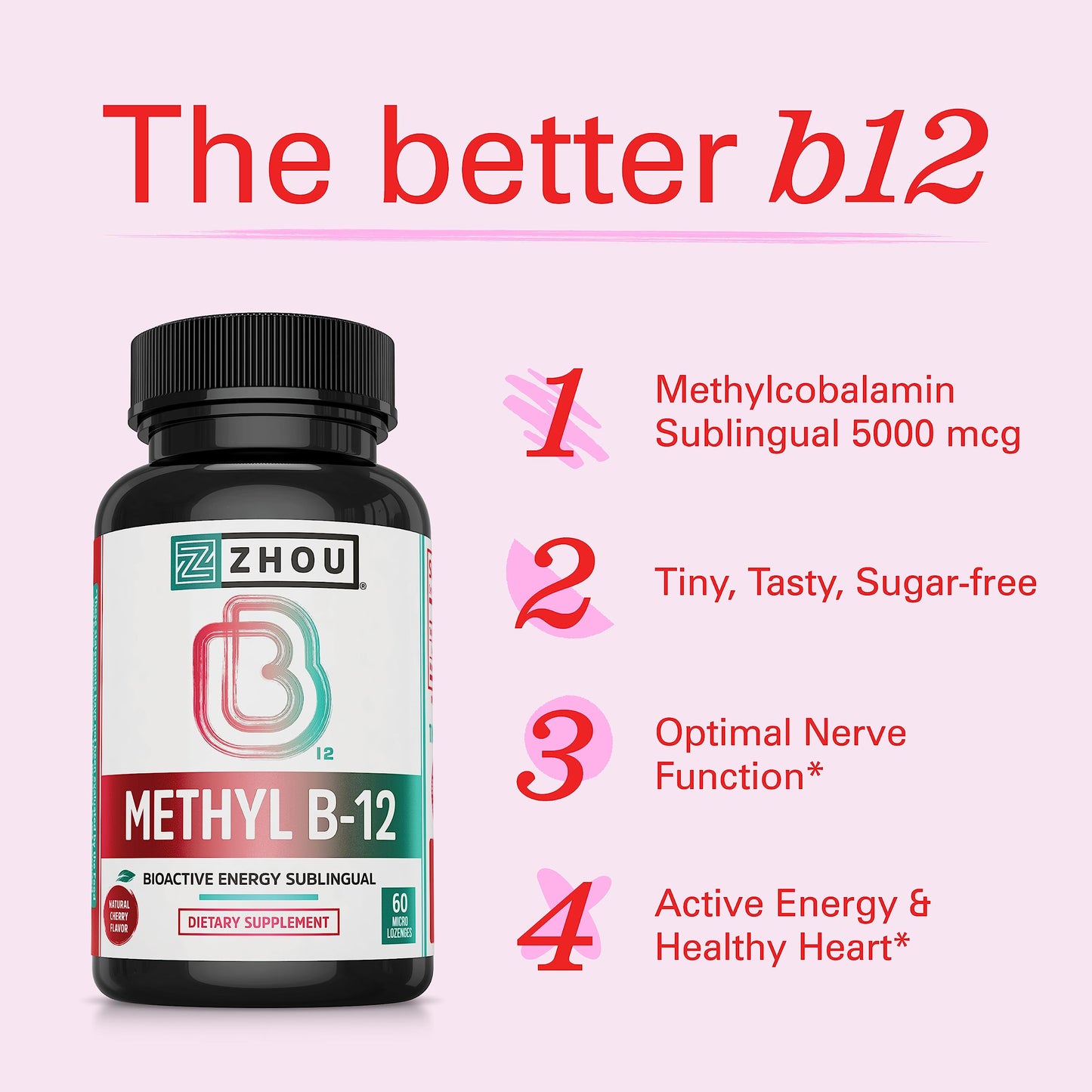 Zhou Methyl B12 - Methyl B-12 Supplement for Women & Men, Vitamin B12 5000 mcg, Vegan Friendly, Cellular Energy and Nerve Function Support, Methylcobalamin - 60 Micro Lozenges