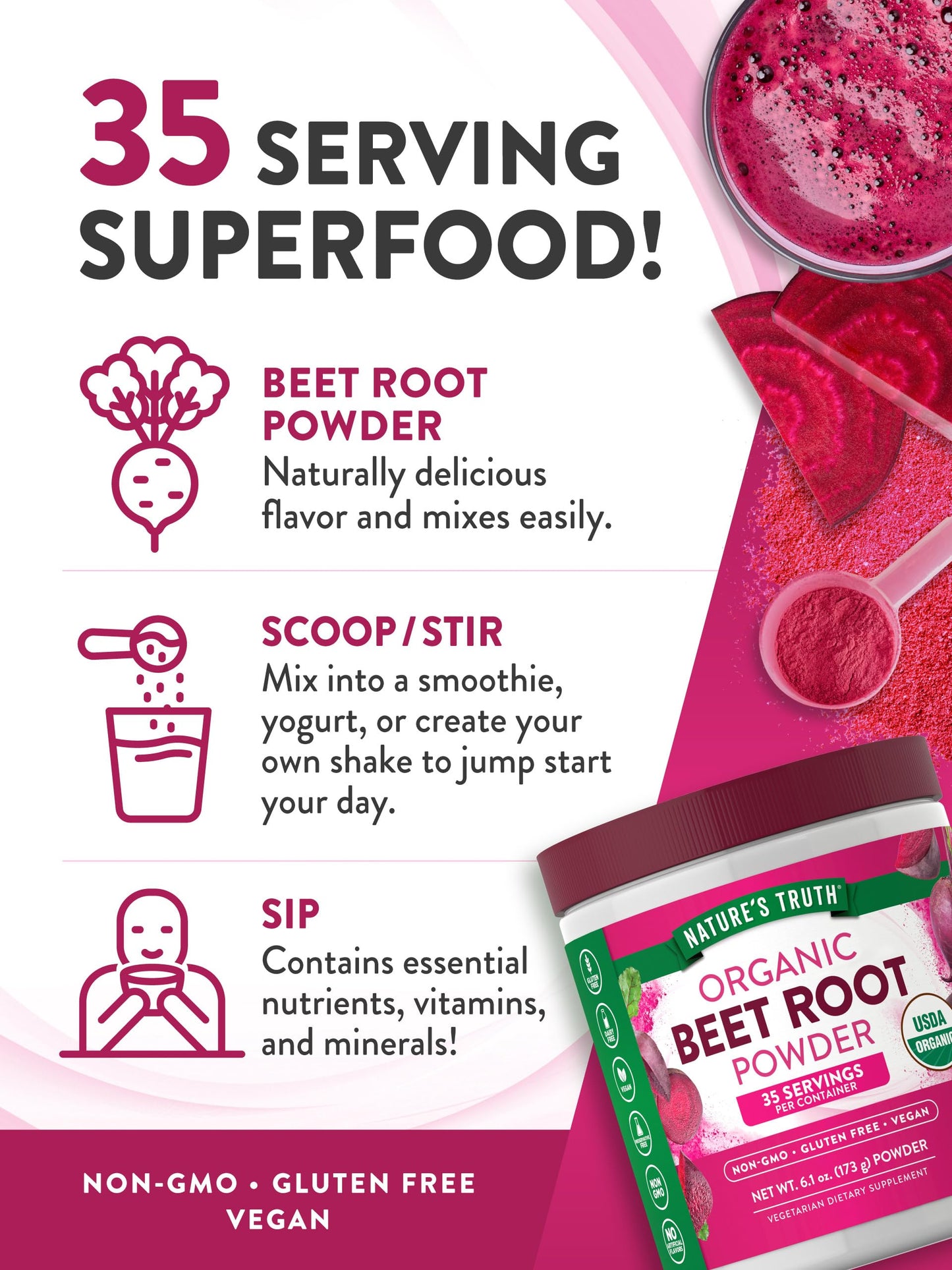 Nature's Truth Organic Beet Root Powder | 6.1 oz | Vegan, Non-GMO & Gluten Free Supplement