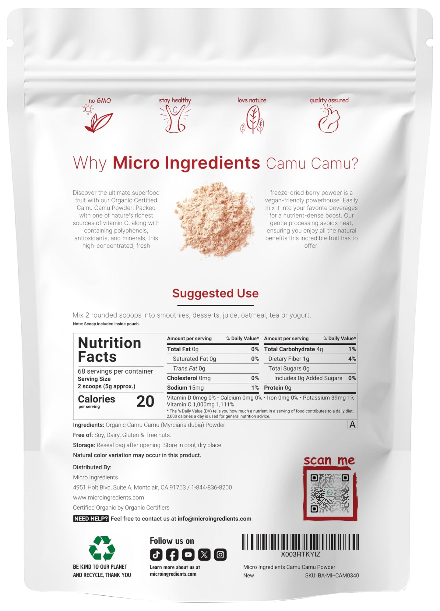 Organic Camu Camu Powder, 12 oz | High Natural Vitamin C Level | Fresh Freeze-Dried Berries Source | No GMOs, Vegan Friendly