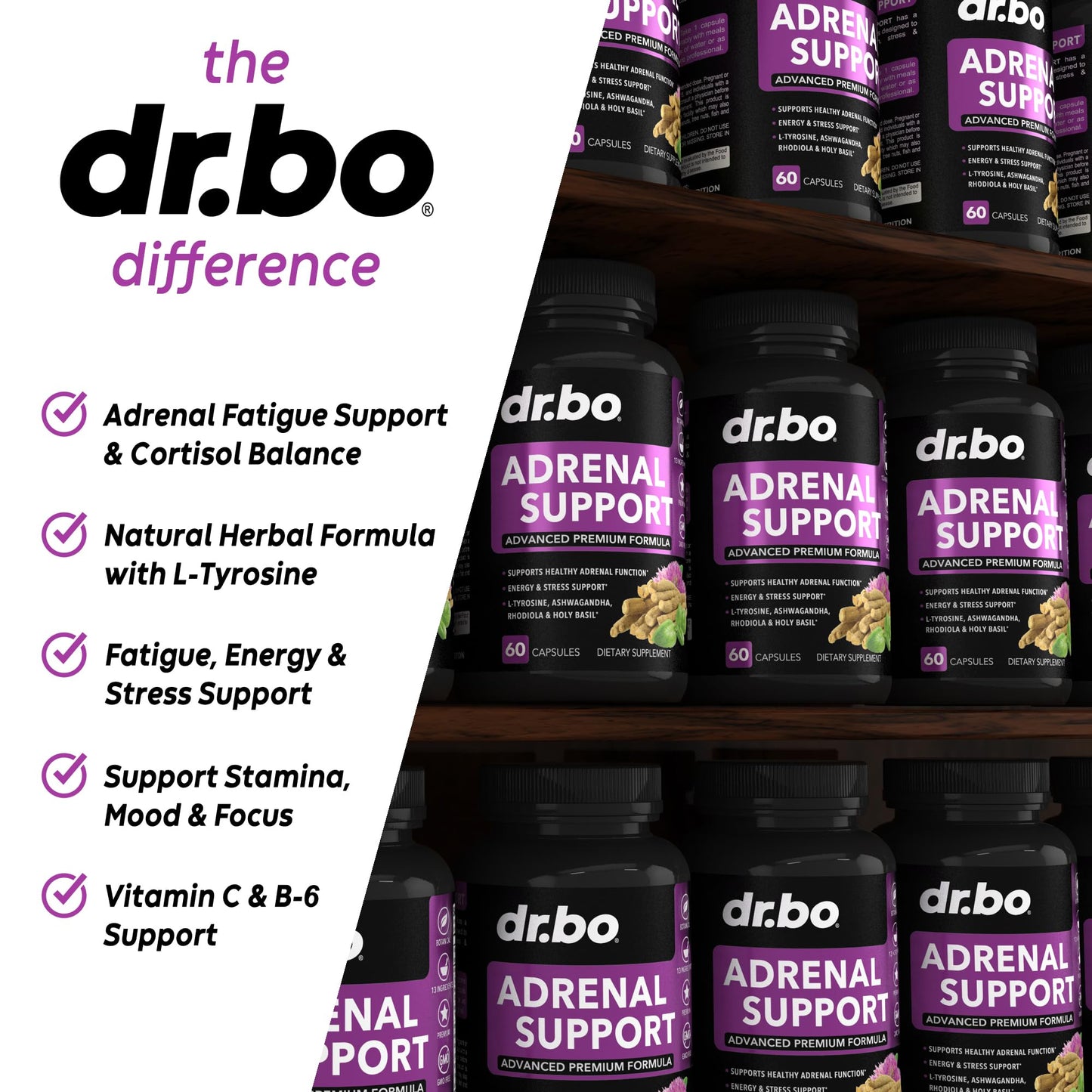 Adrenal Support Cortisol Manager Supplement - Adrenal Fatigue Supplements for Women & Men with Natural Adaptogen Ashwagandha Holy Basil Rhodiola L Tyrosine Complex Fatigue Cortisol Health - 60 Pills