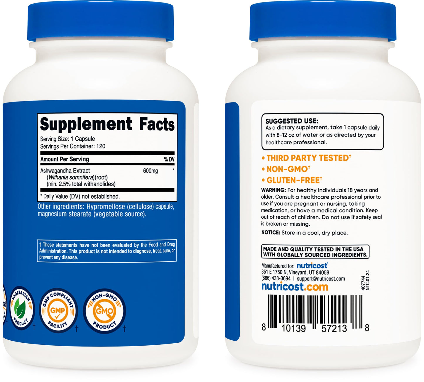 Nutricost Ashwagandha Herbal Supplement 600mg, 120 Capsules - Vegetarian, Non-GMO, Gluten Free, Ashwagandha Root