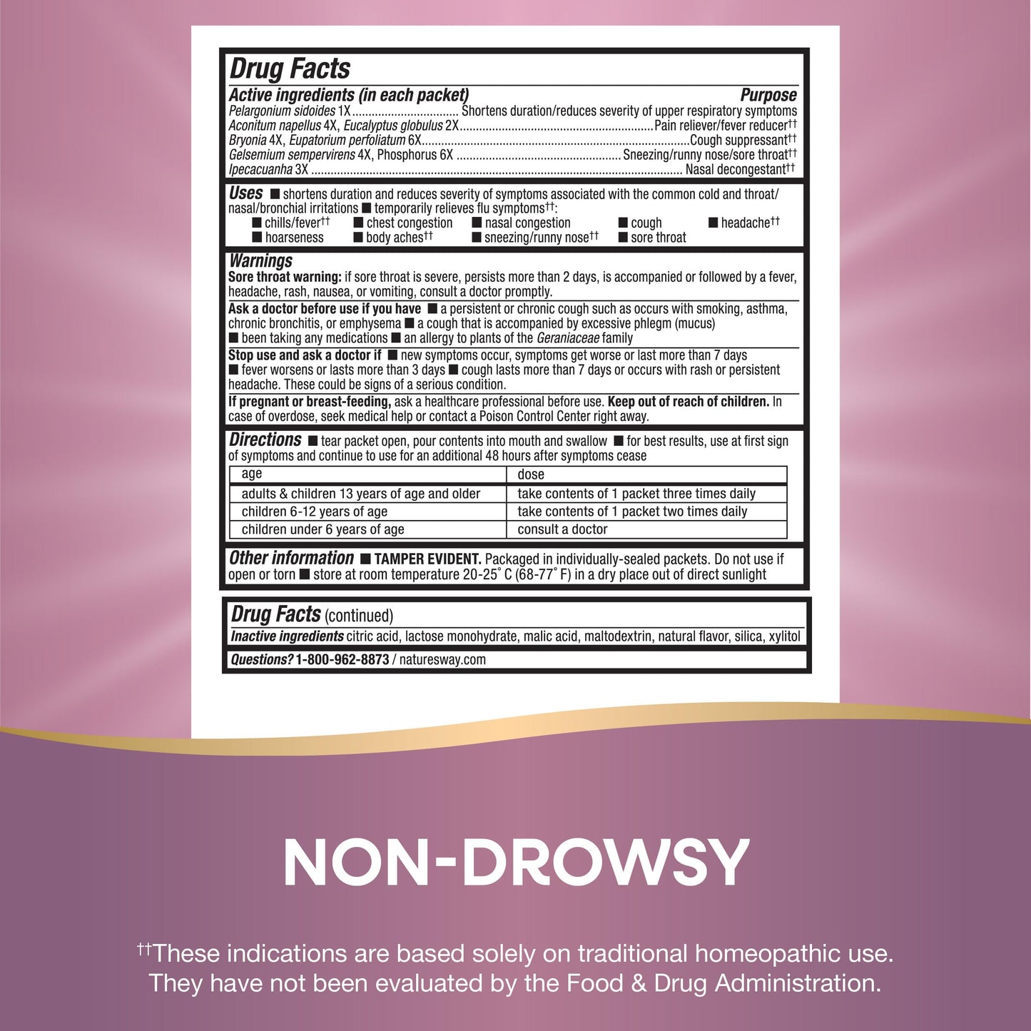 Nature's Way Cold + Flu Relief FastActives, Umcka, Homeopathic, Fever*, Sore Throat, Cough, Congestion, Body Aches*, Phenylephrine Free, Non-Drowsy, Berry Flavored, 10 Packets (Packaging May Vary)