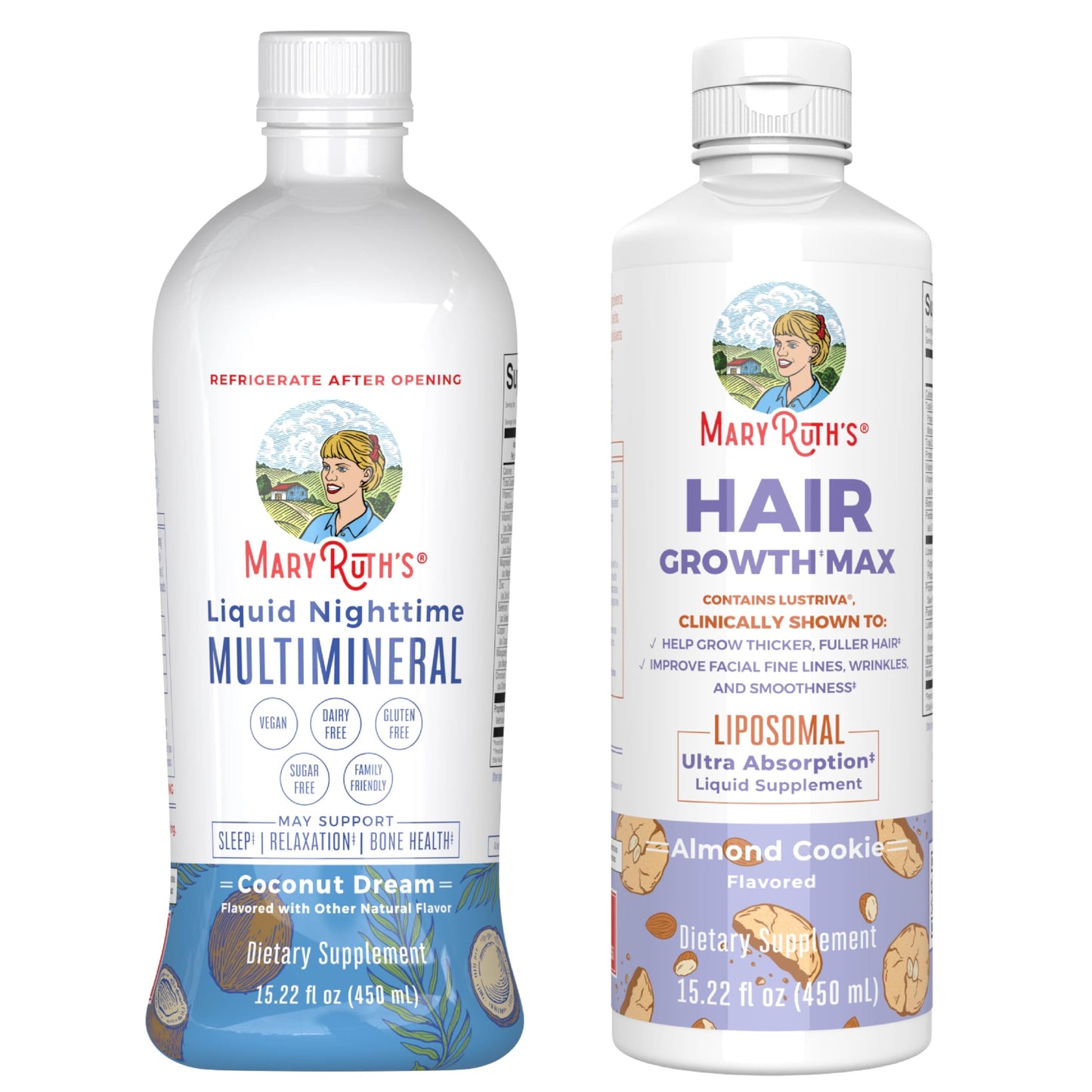 MaryRuth's Liquid Nighttime Multimineral (Coconut, 15oz) & Hair Growth Max Liposomal (Almond Cookie) | Clean Label Project Verified® | Sugar-Free, Vegan | Bedtime Routine, Beauty, Hair & Skin Support