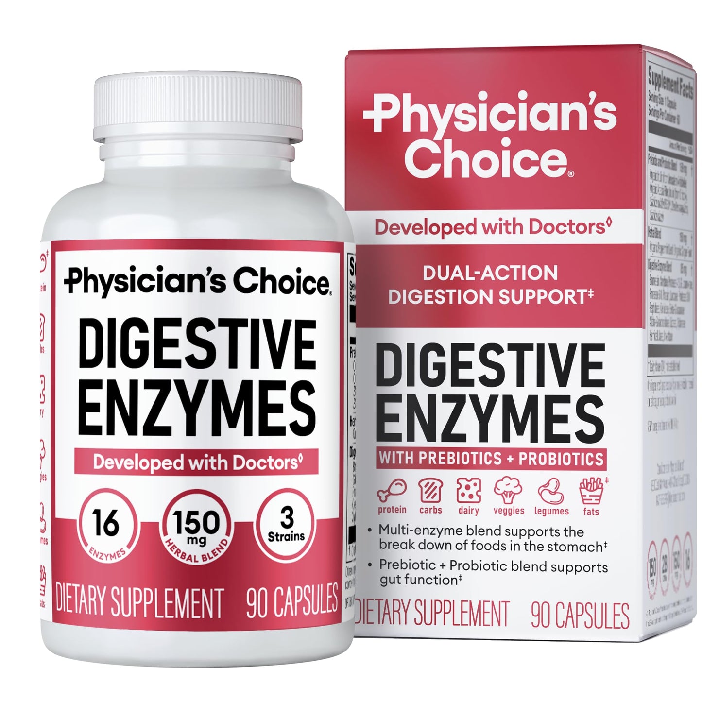 Physician's CHOICE Digestive Enzymes - Multi Enzymes, Organic Prebiotics & Probiotics for Digestive Health & Gut Health - Meal Time Discomfort Relief & Bloating - Dual Action Approach - 90 CT