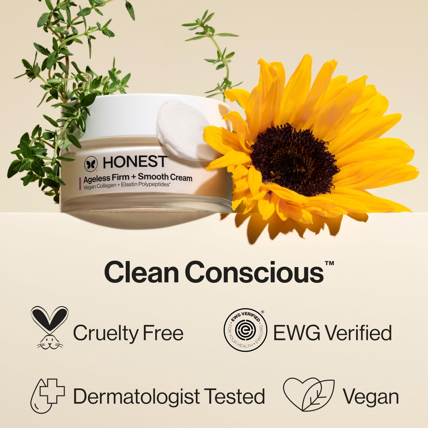 Honest Beauty Ageless Firm and Smooth Cream | Powered by Vegan Collagen and Elastin Polypeptides | Firmer, Smoother Looking Skin | Fragrance Free, EWG Verified, Vegan, Cruelty-Free | 1.7 fl oz