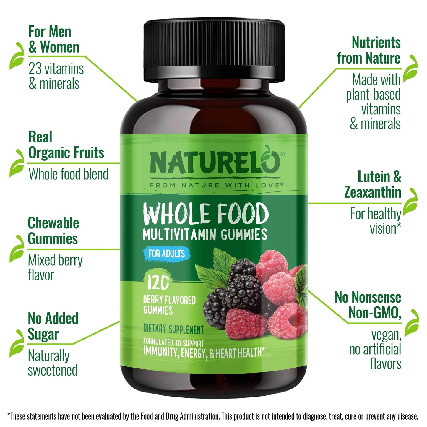 NATURELO Whole Food Vitamin Gummies for Adults - Chewable Gummy Multivitamin for Men & Women - 120 Vegan Gummies