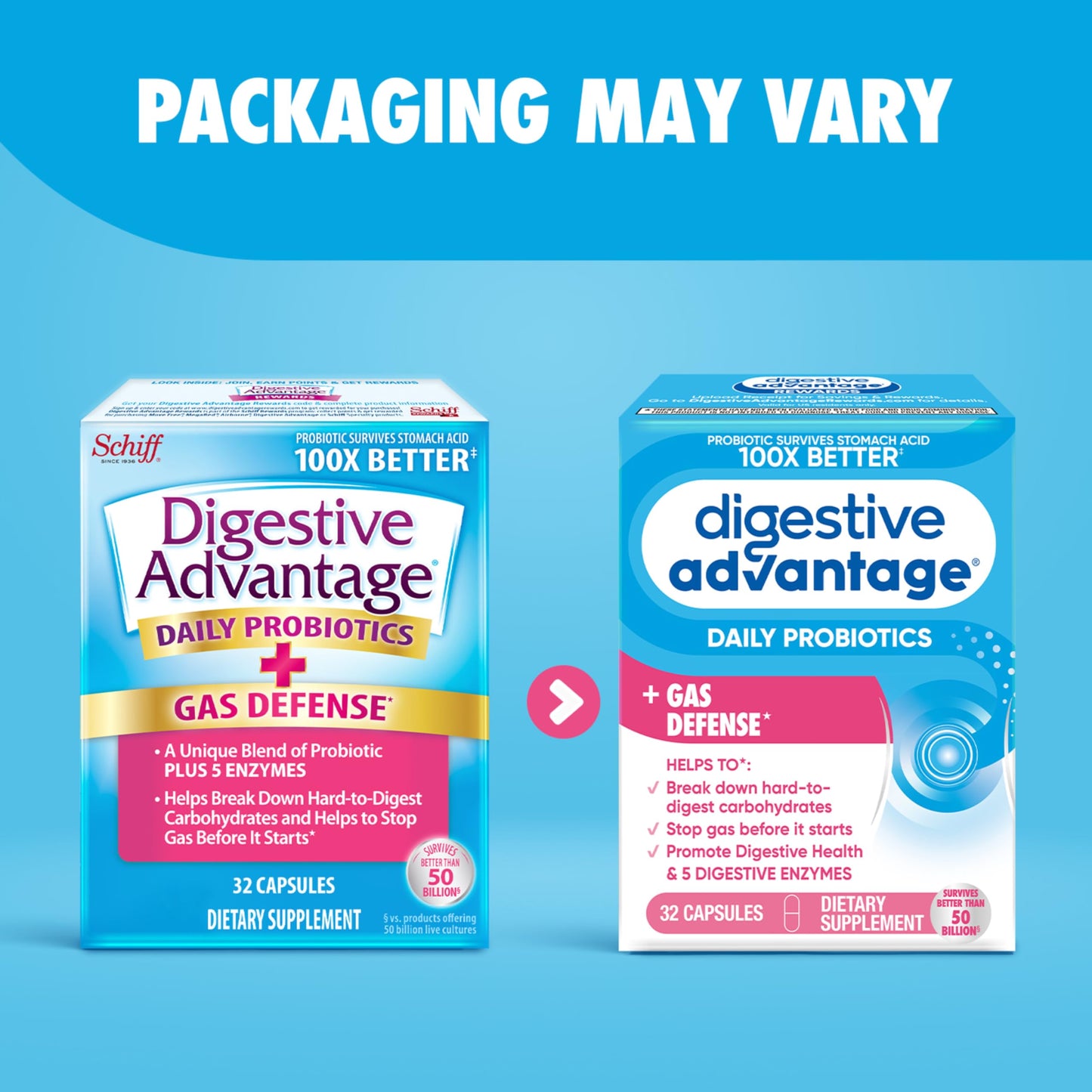 Digestive Enzyme and Probiotic Capsule- Digestive Advantage 32 Capsules, Survives 100x Better than regular 50 billion CFU, Breaks down food, helps prevent gas