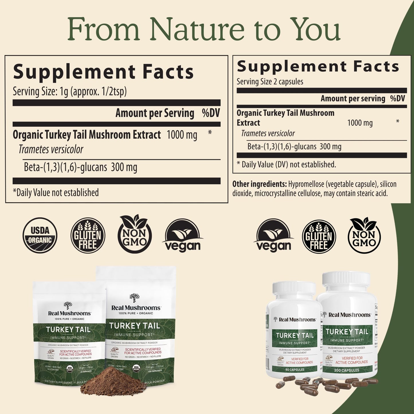 Real Mushrooms Turkey Tail Mushroom Powder – Organic Turkey Tail Extract from – for Wellness, Gut Harmony, & Energy Support – Vegan, Non-GMO, No Fillers – 100 Servings Functional Mushroom Supplement