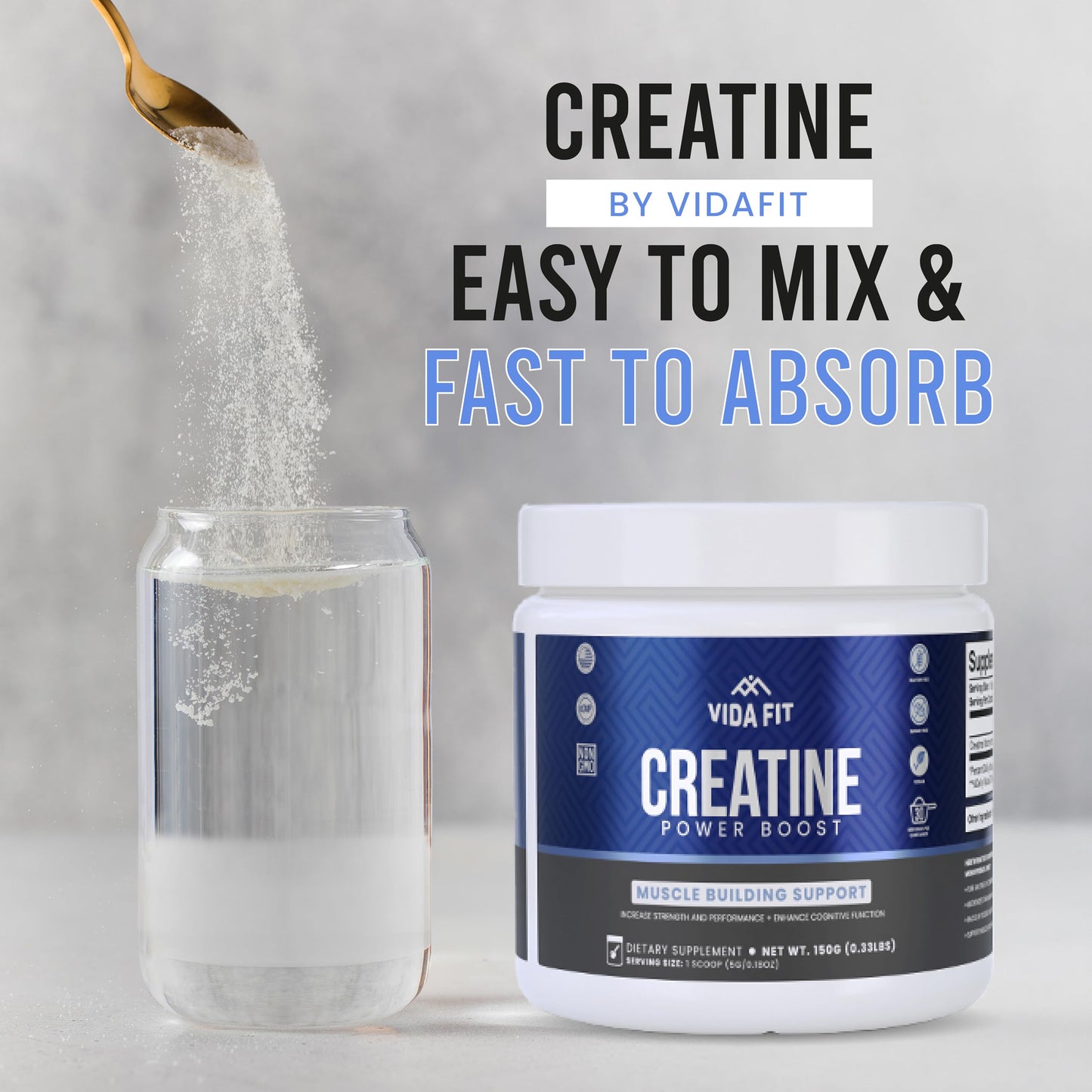 Micronized Creatine Monohydrate Powder, Vegan Creatine Powder Unflavoured, Supplements for Men, Pure Workout Essentials for Women, NSF Certified (150g) (5g Per Serv) (30 Servings) - Vida Fit