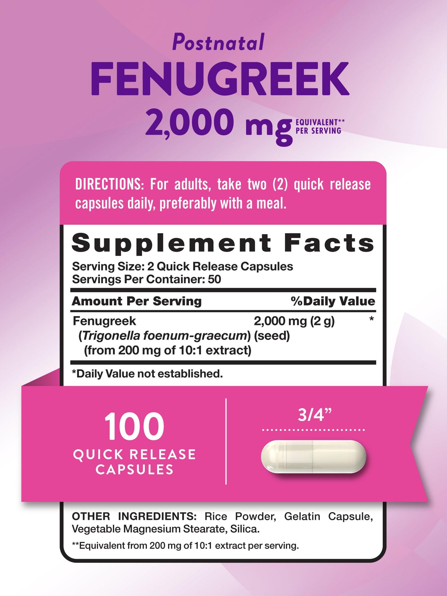Nature's Truth Fenugreek Seed for Women | 2000mg | 100 Powder Capsules | Non-GMO and Gluten Free Supplement