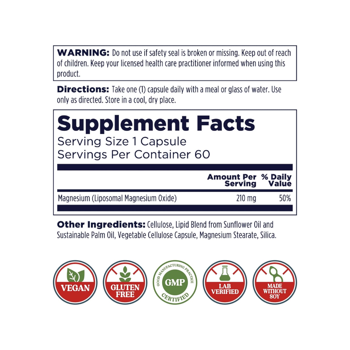 KAL Liposomal Magnesium Oxide 210 mg High Absorption, Liposomal Technology, Essentials Muscle Support, Advanced Formula, Vegan Capsules, Gluten Free, No Soy, 60 Servings