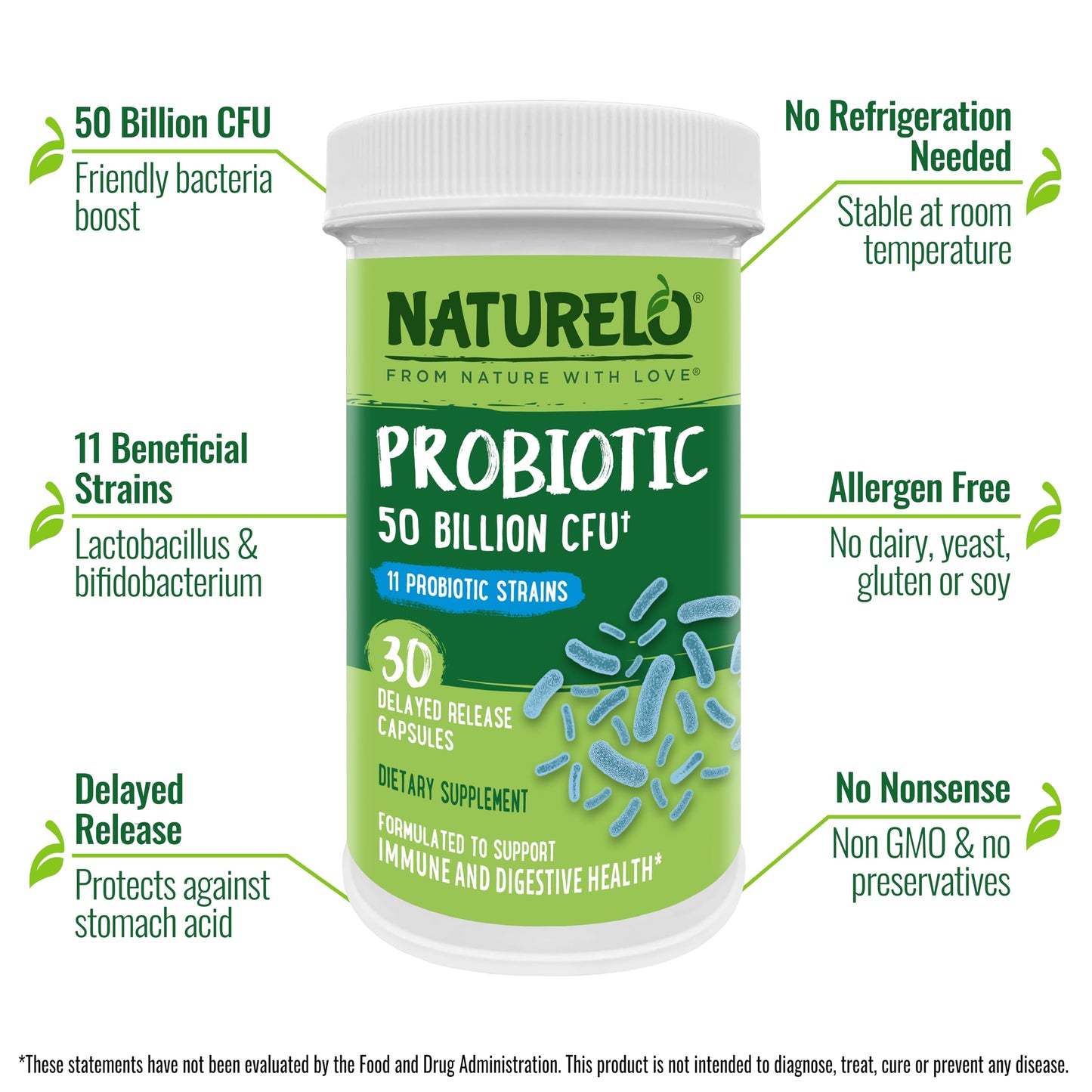 NATURELO Probiotics for Digestive Health - 50 Billion CFU, 11 Strains Daily Supplement - Boosts Immune System, Delayed Release, 30 Vegetarian Capsules